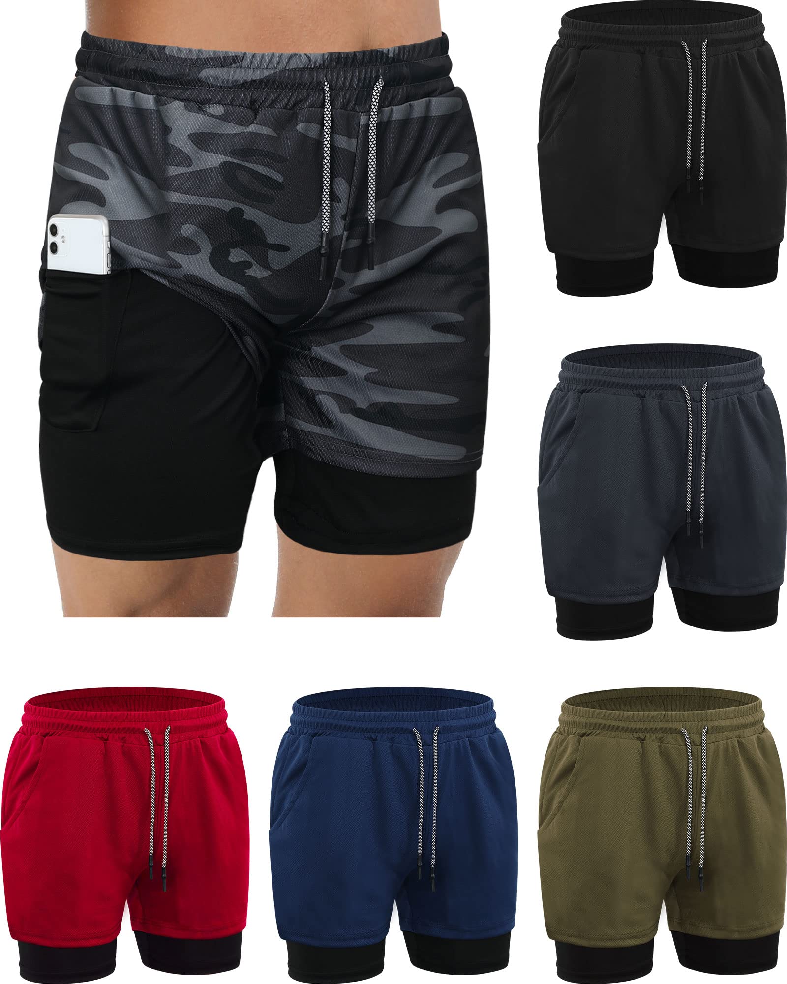 Sureio 6-Pack Men's 2-in-1 Workout Running Shorts - 5