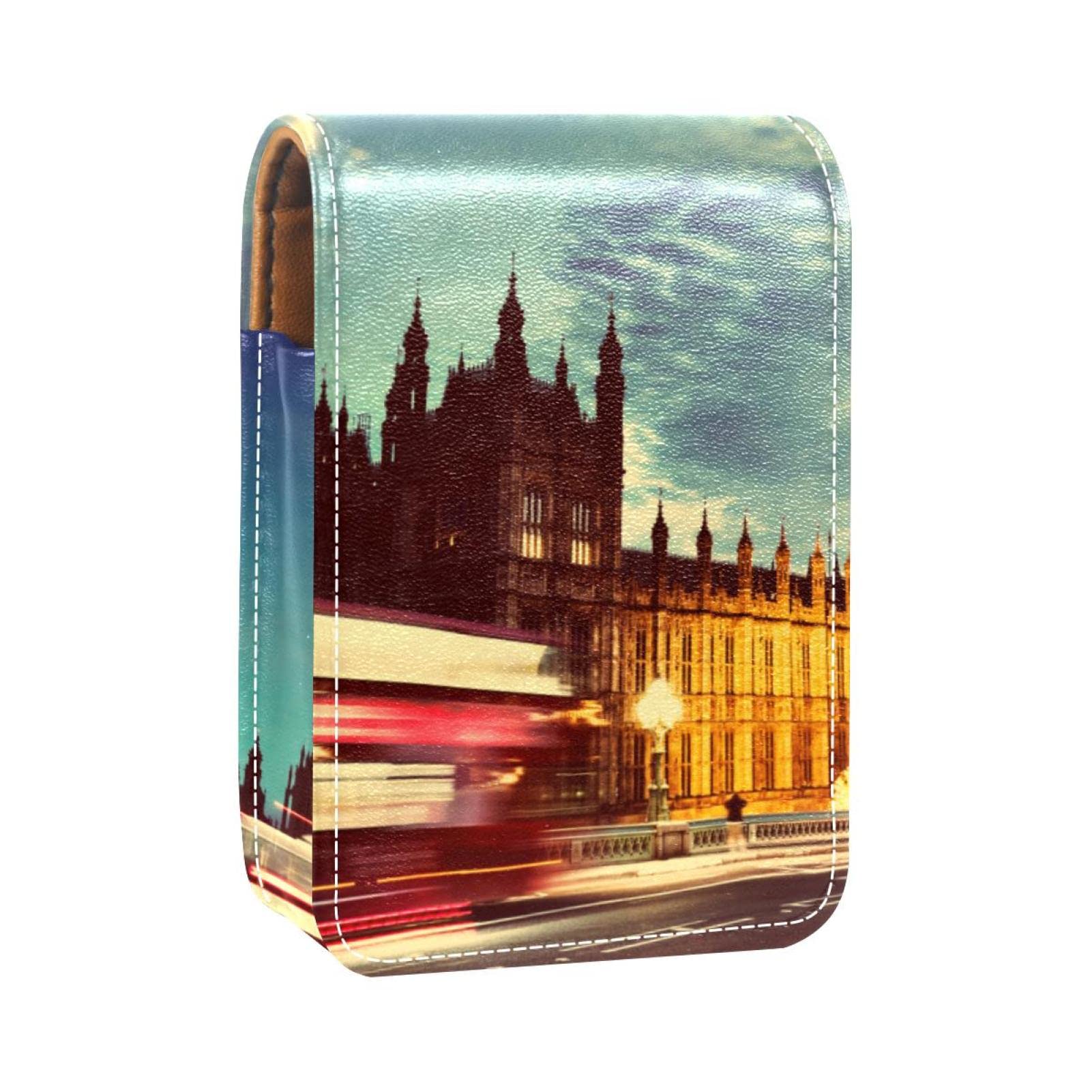 Portable Leather Lipstick Case with Mirror - Mini Travel Cosmetic Pouch for Women | Big Ben London Night Scenery Design | Perfect for Travel, Daily Makeup Storage & Gift Giving