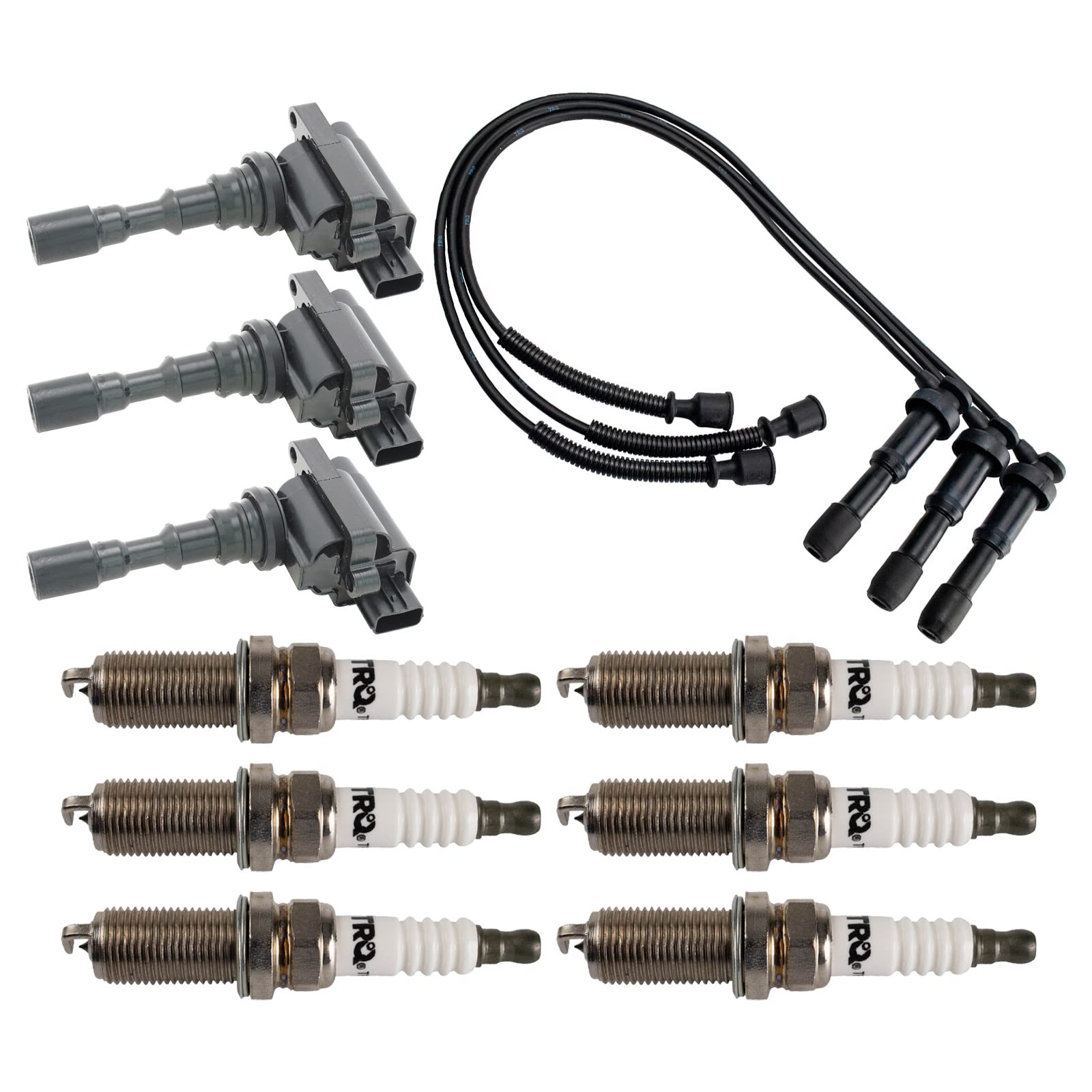 TRQ Ignition Coil & Spark Plug Wire Set Kit - Compatible with 2003-2006 Hyundai Santa Fe, 2003-2005 XG350, 2004-2006 Kia Amanti - High Performance Replacement for Smooth Engine Start & Acceleration