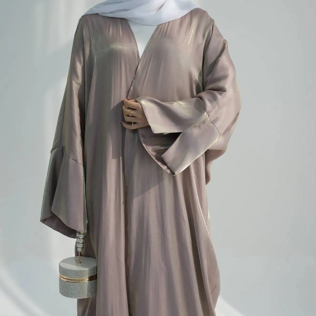 Gleam Shiny Cardigan Open Abaya Dress for Women - Elegant Long Sleeve Kimono Cover Up - Perfect for Prayer, Mosque, Parties & Special Occasions