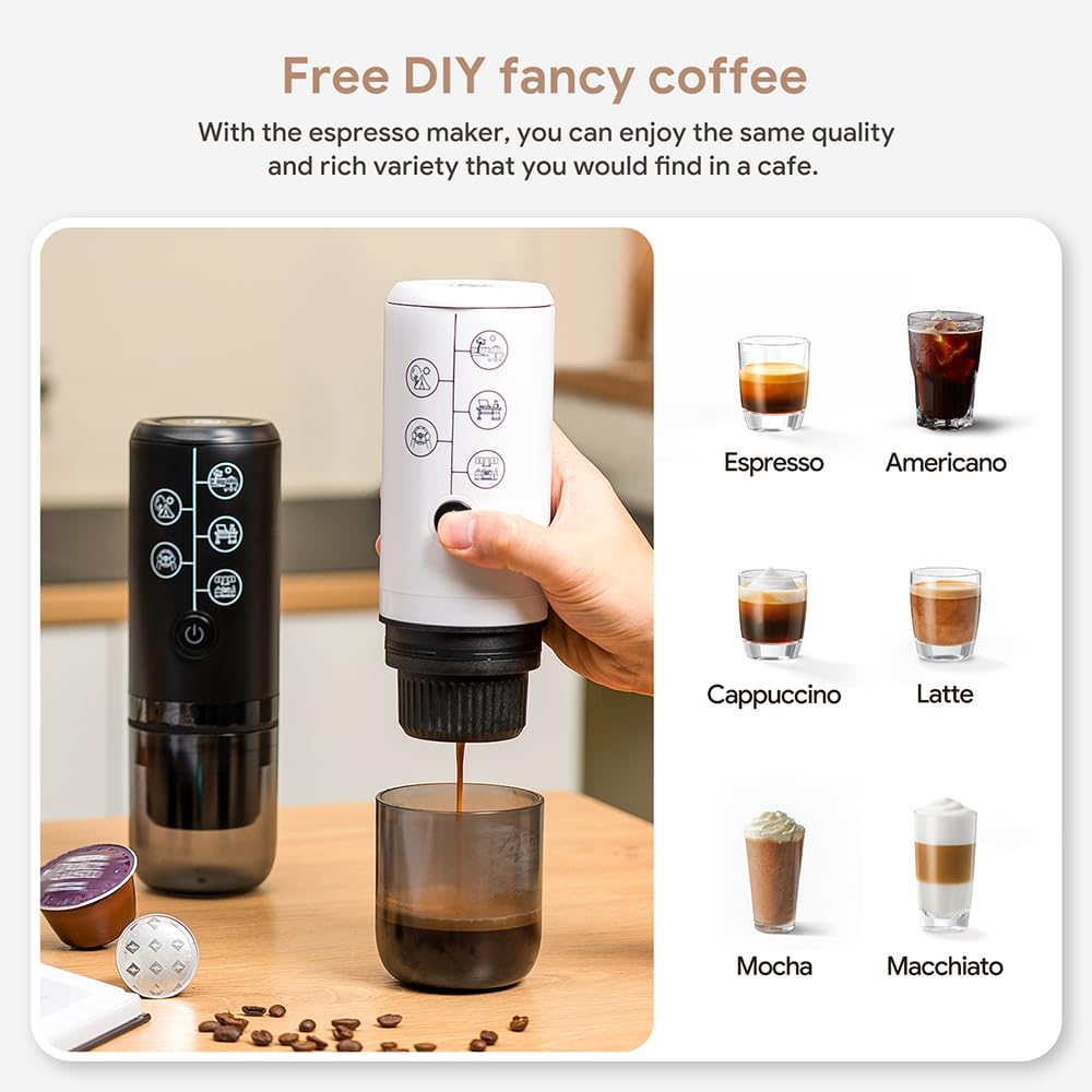 BENFUCHEN 3-in-1 Portable Espresso Machine - Type-C Rechargeable Electric Coffee Maker, 17 Bar Pressure Mini Espresso Machine Compatible with NESPRESSO/DolceGusto Pods & Ground Coffee - Perfect for Travel, Camping & Office Use - White