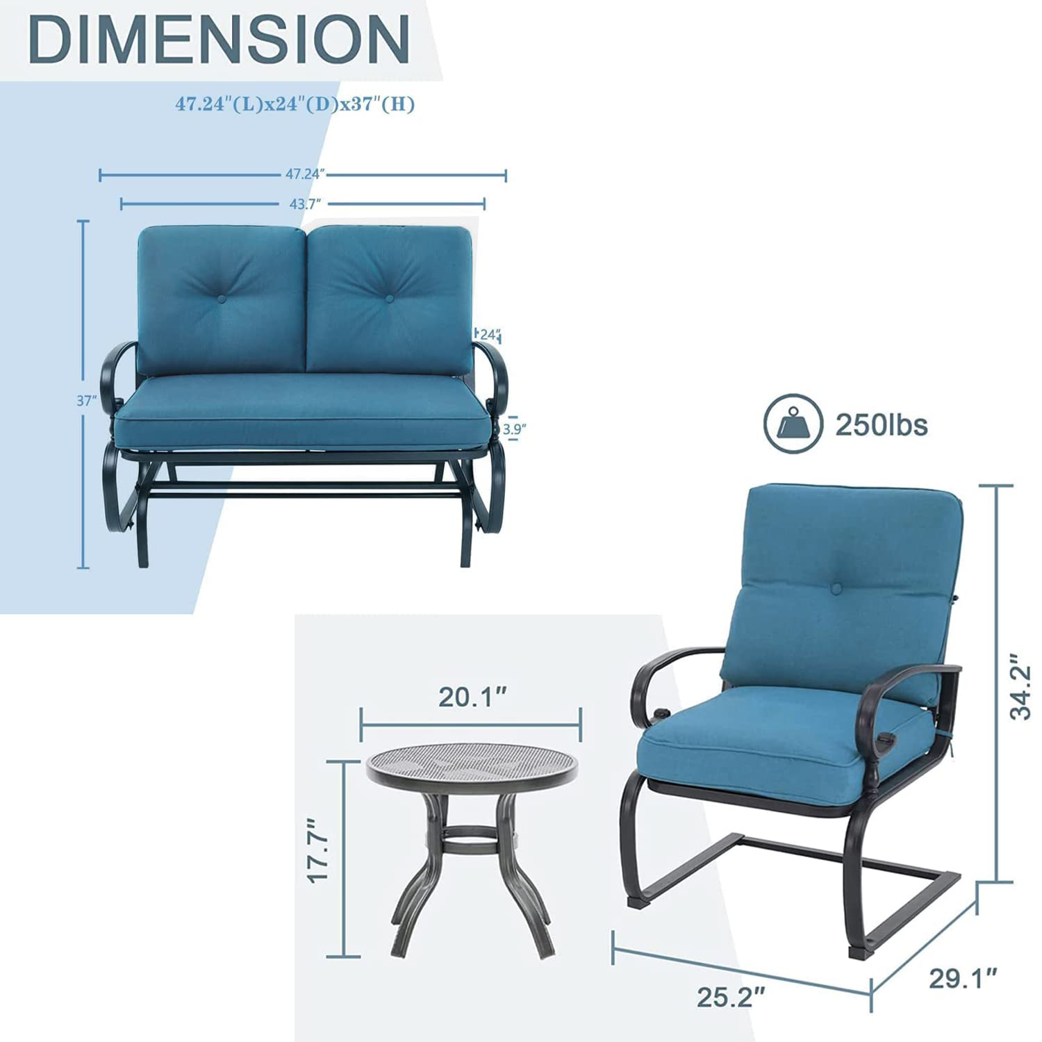 4-Piece Metal Outdoor Patio Furniture Set with Glider & Coffee Table - Wrought Iron Sectional Sofa with Removable Cushions (Blue) - Perfect for Garden, Backyard, Poolside & Outdoor Relaxation