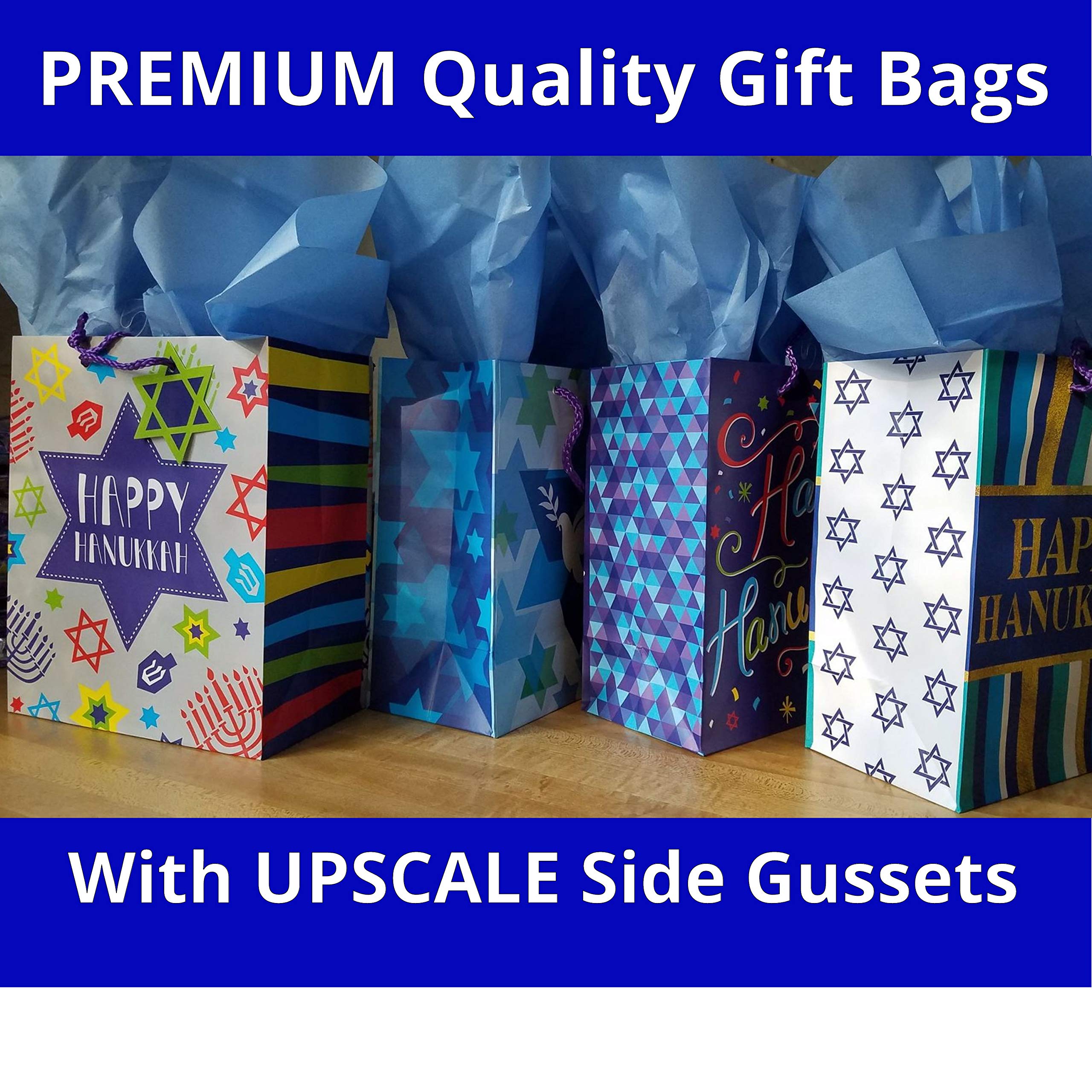 Hanukkah Gift Bags Set of 4 Premium Designs with Tissue Paper & 6 Money Holder Cards - Perfect for Jewish Holiday Gifts, Party Favors, and Cash Gifts