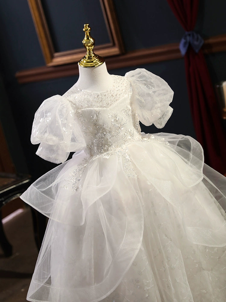 White Princess Round Organza Flower Girl Dress for Weddings, Baptisms & Special Occasions - Elegant & Comfortable Formal Wear