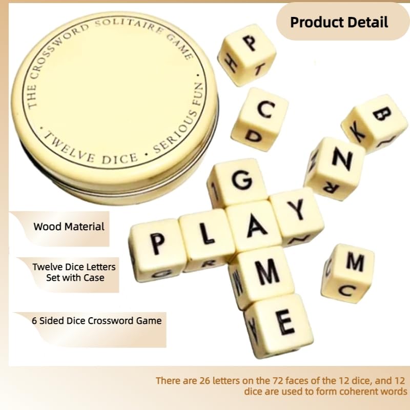 Crossword Solitaire Game Set - 6 Sided Letter Dice for Word Puzzles, 12 English Alphabet Dice with Storage Case - Perfect for Camping, Travel, and Family Game Nights