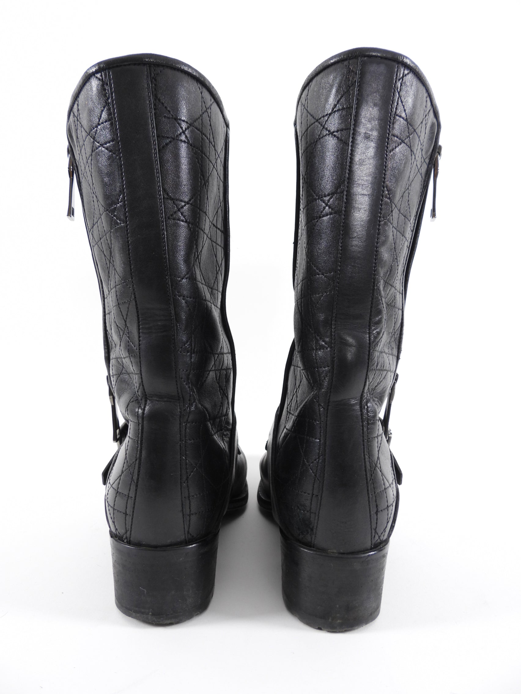 Christian Dior Black Leather Cannage Moto Boots Women's Size FR40 (US 10) - Stylish Knee-High Riding Boots for Fashion, Parties & Winter Outfits