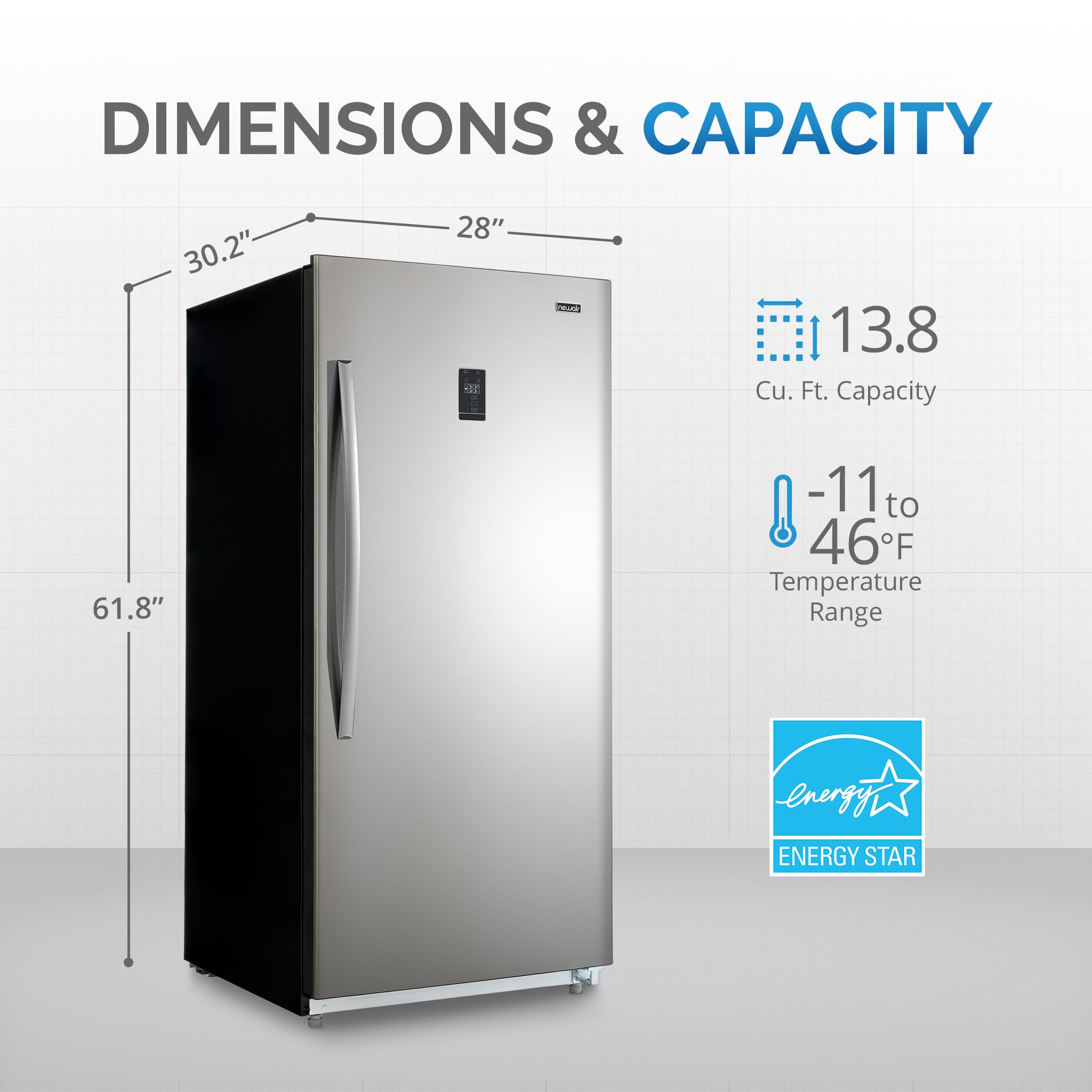 Newair 13.8 cu. ft. Upright Freezer - Convertible Fridge Freezer, Frost-Free Deep Freezer with Door Alarm & LED Light, Garage Ready Refrigerator for Home, Basement, or Commercial Use - Perfect for Storing Meat, Frozen Foods, and Bulk Groceries
