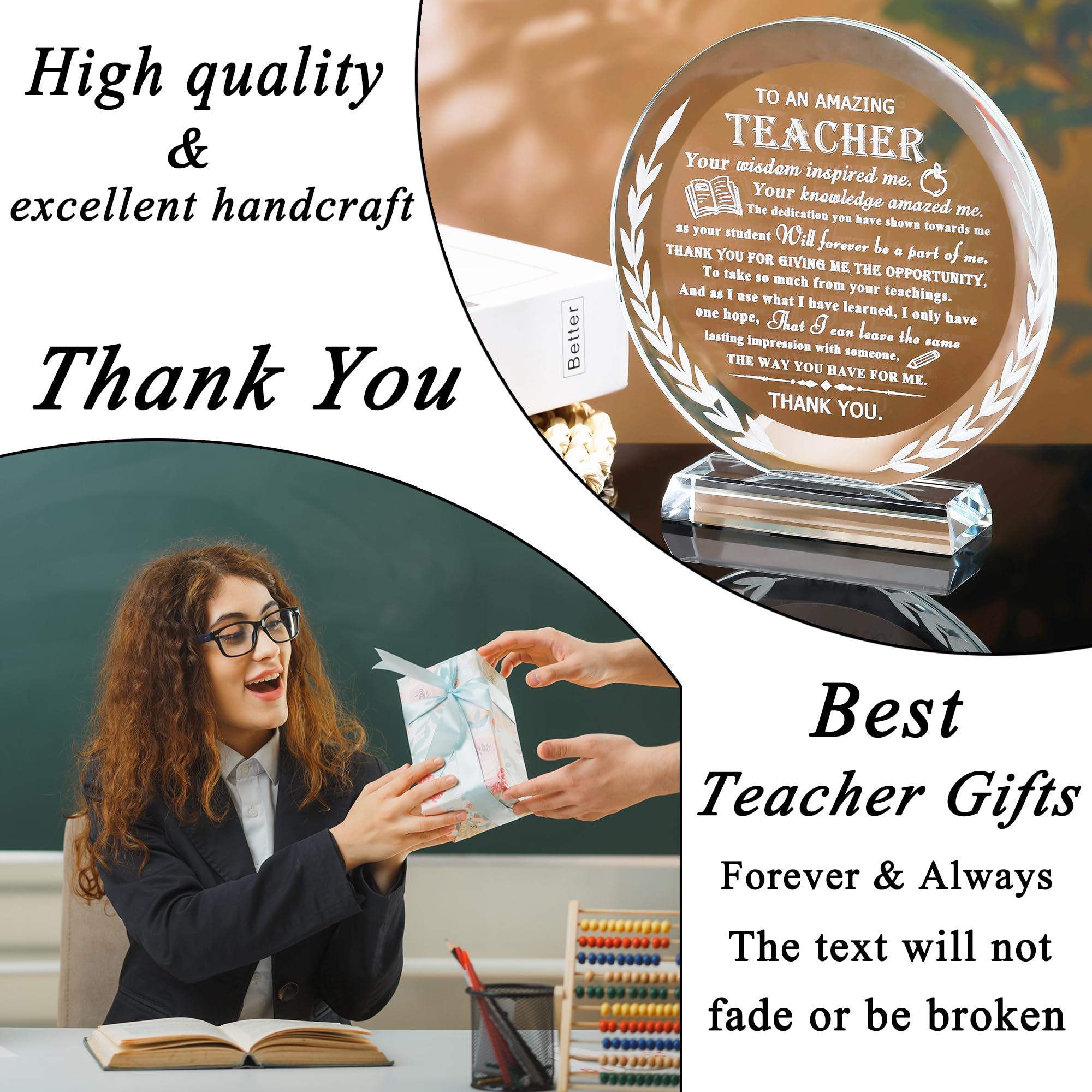 QIANWEI Crystal Plaque Teacher Appreciation Gift - Personalized Thank You Present for Women & Men Educators - Best Birthday, Christmas, Retirement, Teachers Day & Graduation Gift Idea from Students (15cm) - Perfect for Classroom Decor, Office Display or Special Occasions