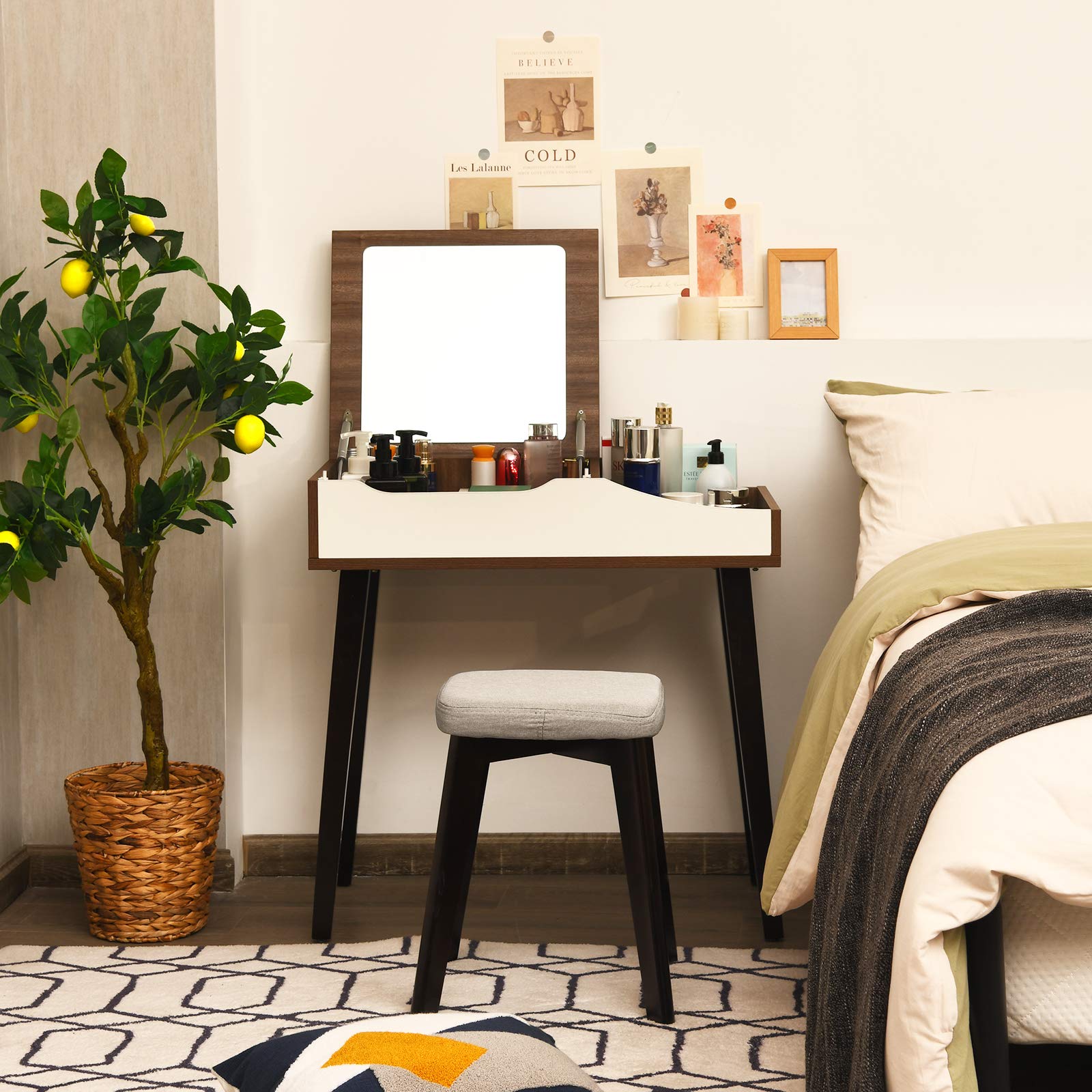 Charmaid Vanity Desk with Flip Top Mirror, Storage Compartments & Removable Dividers - Wooden Makeup Dressing Table & Writing Desk with Stool for Women, Girls & Kids - Perfect for Bedroom, Nursery & Home Office Organization