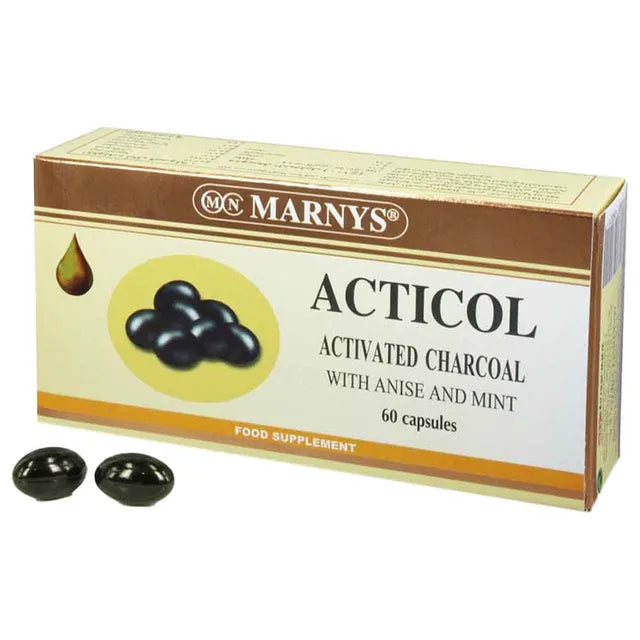 Marnys Acticol Activated Charcoal Capsules 60 Count - Detox & Digestive Support for Gut Health & Cleansing | Natural Supplement for Bloating Relief & Toxin Removal