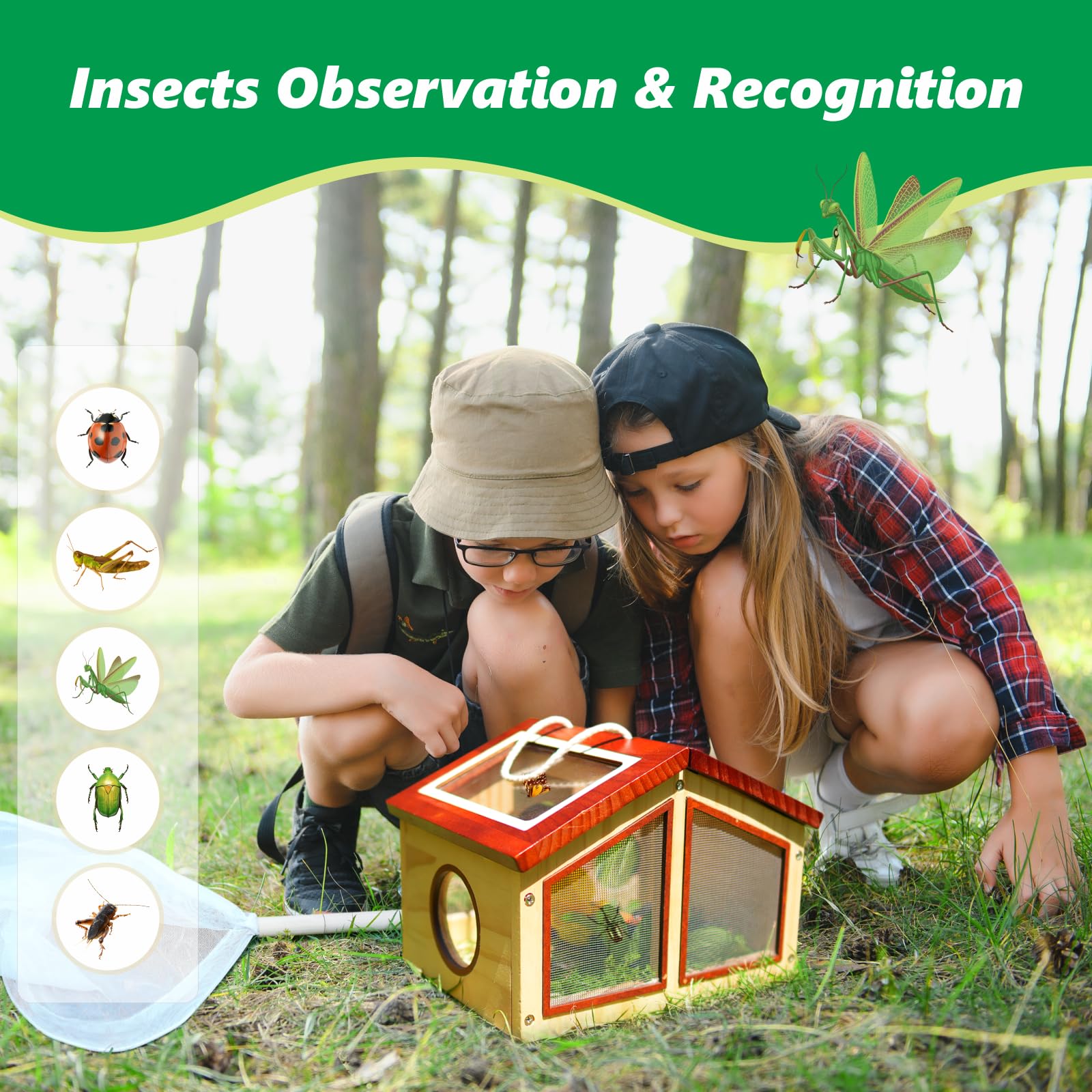 **Kids Explorer Kit & Bug Catcher Set – Outdoor Adventure Toys with Wooden Bug Habitat, Butterfly Net, Magnifier & Observation Cup – Includes 15 Insect Cards – Perfect Gift for Toddlers & Boys Ages 3-8 – Great for Backyard Exploration, Nature Walks & STEM Learning**