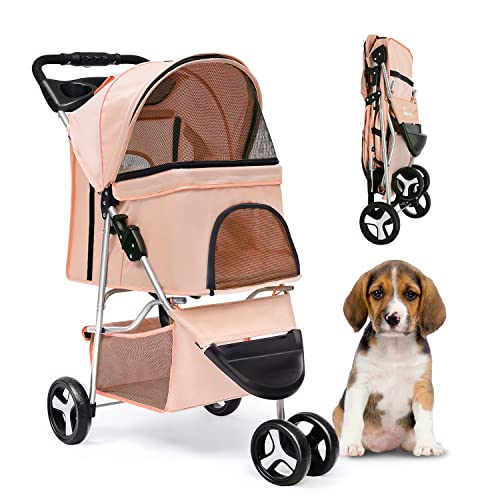 HLZDS 3-Wheel Folding Pet Stroller for Small & Medium Dogs & Cats - Waterproof Travel Puppy Stroller with Cup Holder & Removable Liner (Khaki) | Perfect for Vet Visits, Park Walks & Shopping Trips