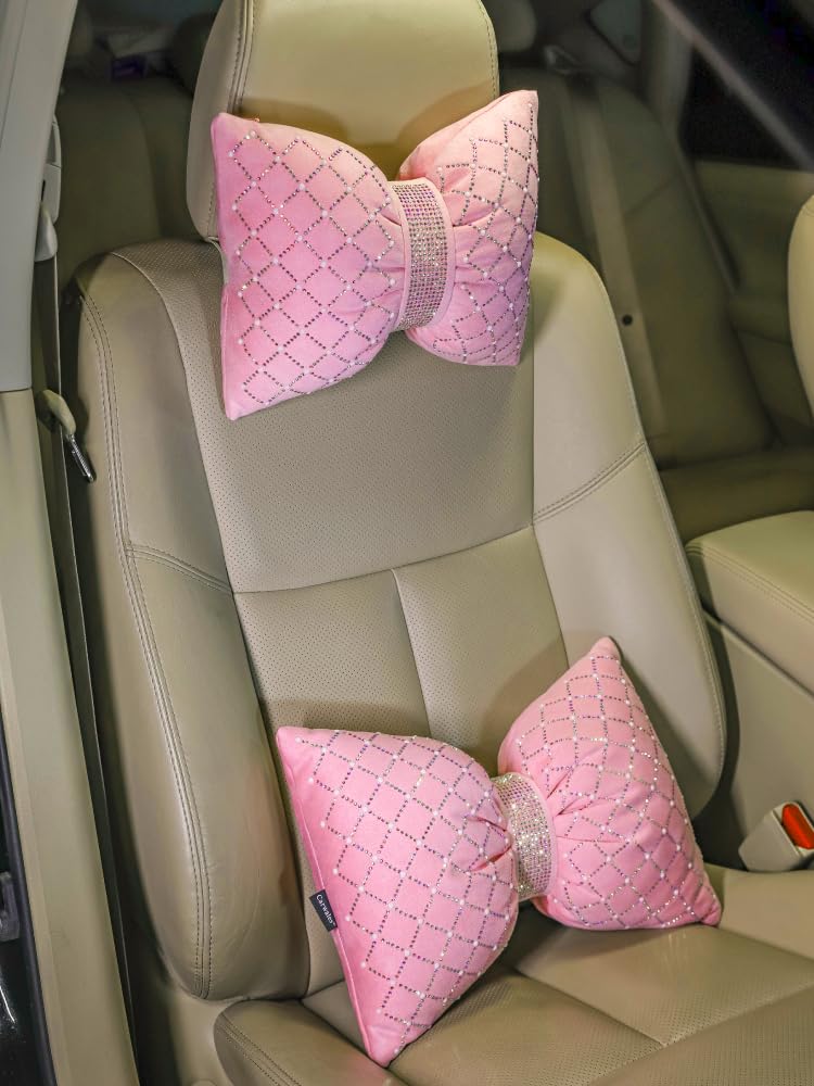 Pink Rhinestone Bow Lumbar Support Pillow - Car Seat & Home Decor Cushion for Women (1 Pack) | Perfect for Office Chairs, Sofas, and Long Drives