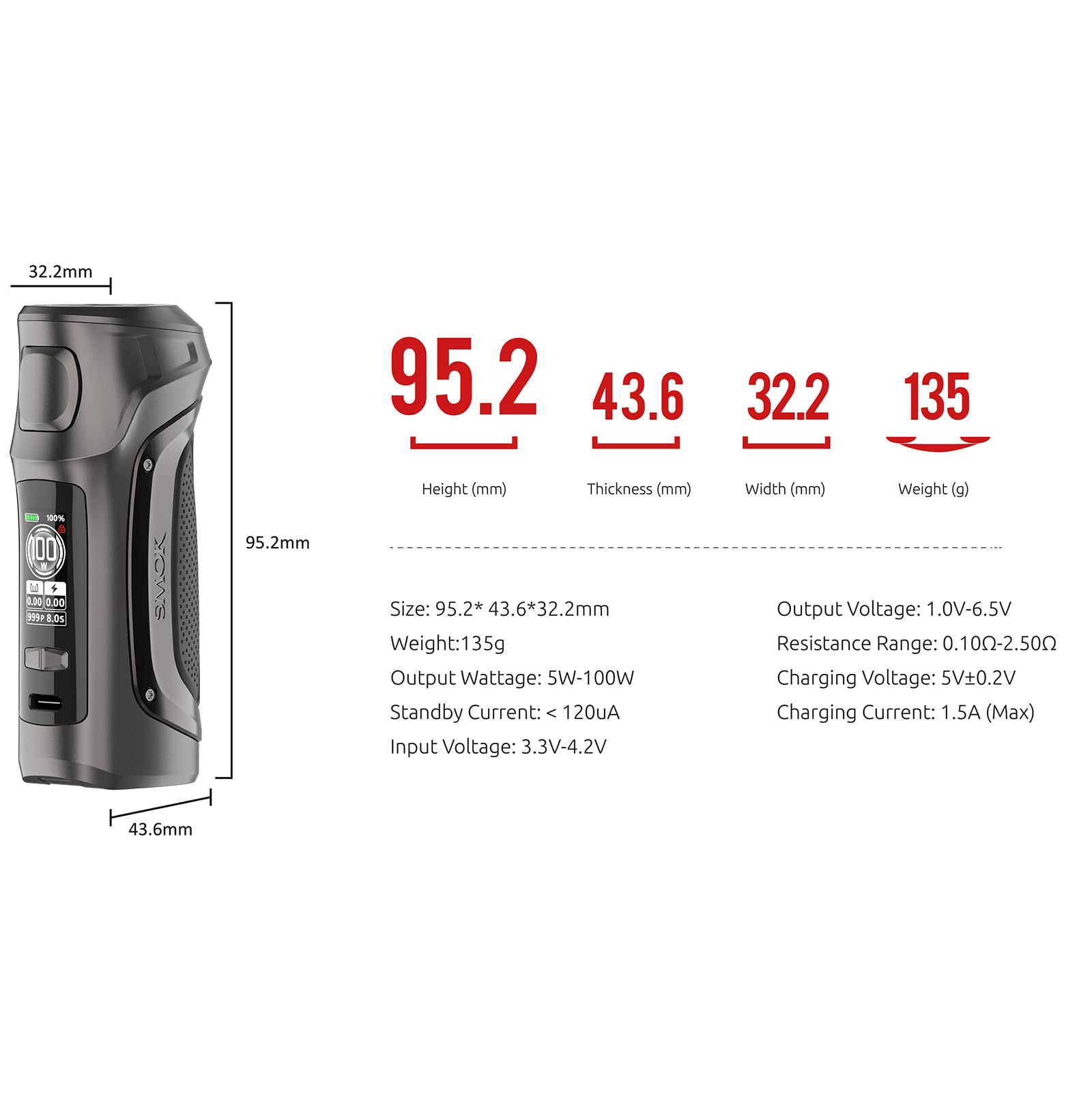 SMOK Mag Solo 100W Vape Kit - External Battery (21700/18650 Not Included) - 5ml T-Air SubTank with Top Airflow & Top Fill - Waterproof Design - 0.96