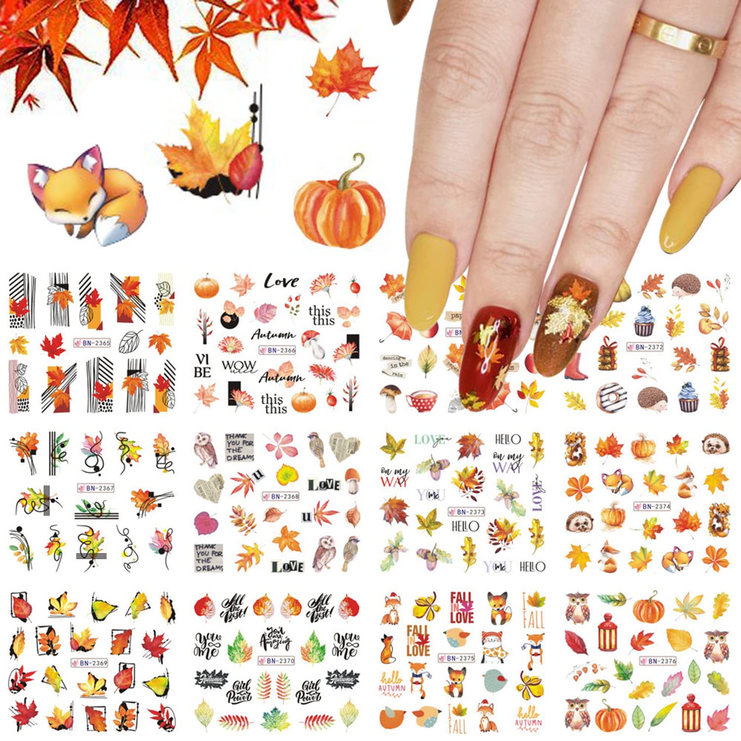 3D Fall Maple Leaf Nail Art Stickers - Autumn Water Transfer Nail Decals with Squirrel Design (12 Sheets) | Acrylic Nail Supplies for Women | Perfect for Thanksgiving, Halloween & Seasonal Nail Art Designs