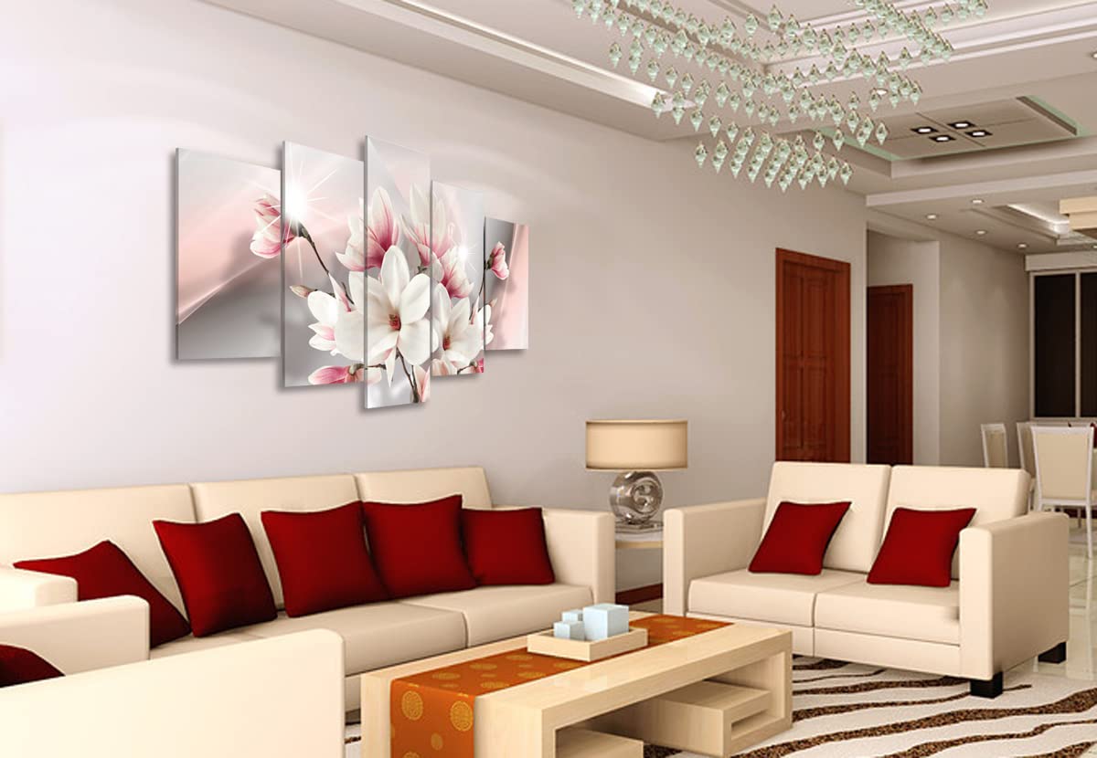 Magnolia in Bloom Modern White Flower Painting - Floral Canvas Wall Art 5 Panels Framed Artwork for Bedroom Decor - Perfect for Living Room, Office & Home Interior Design