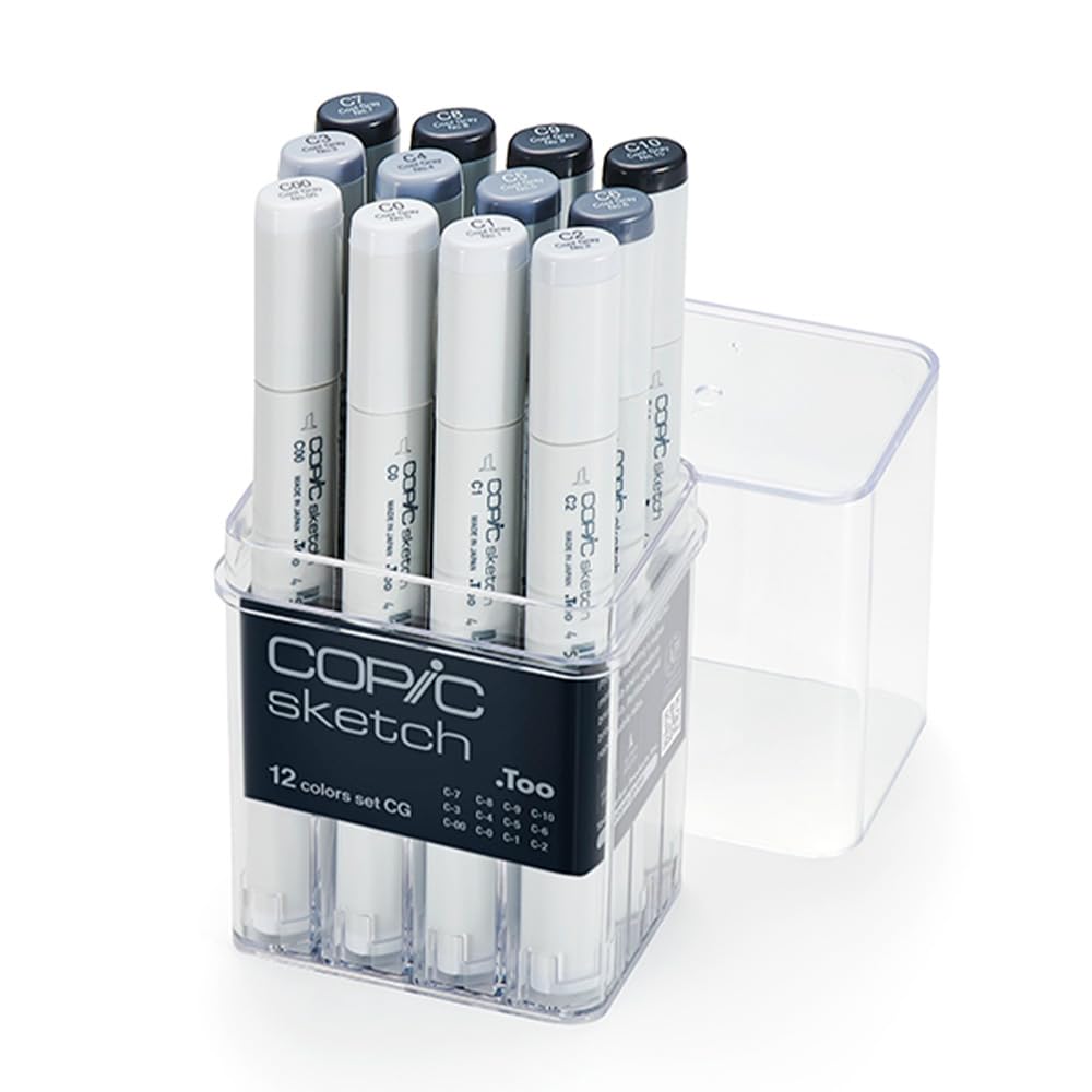 Copic Sketch Alcohol Markers 12-Piece Set - Cool Gray Tones (New Version) for Professional Artists, Illustrators & Graphic Designers - Perfect for Sketching, Manga Art & Comic Coloring