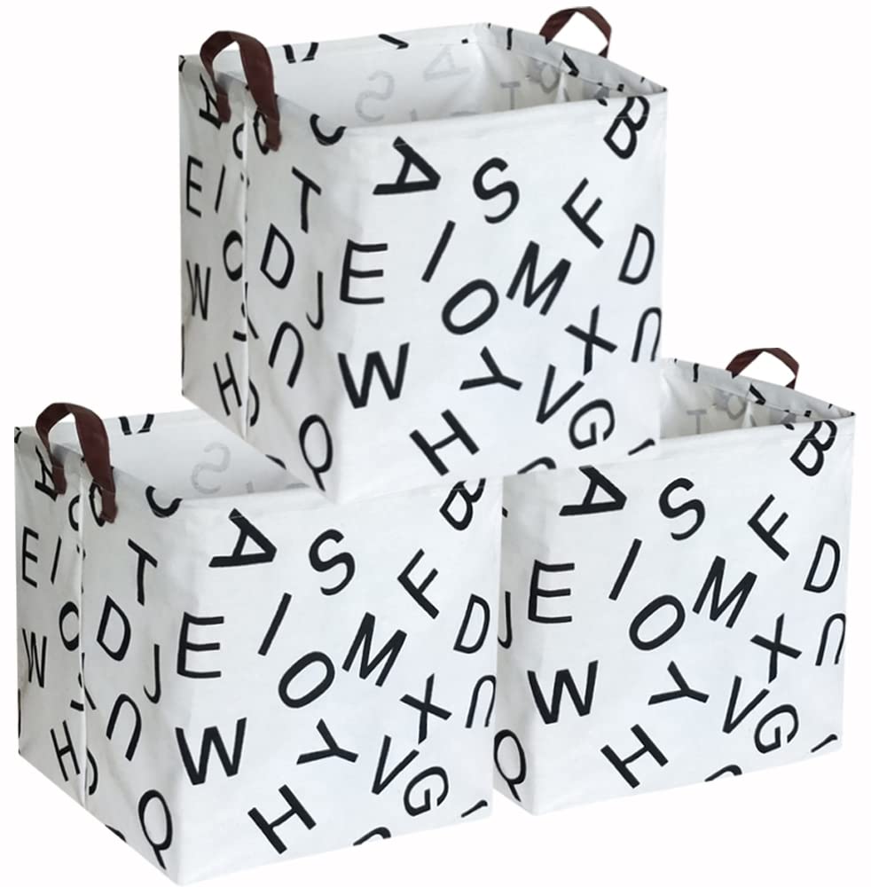 ESSME 3-Pack Square Storage Bins - Collapsible Cotton Fabric Laundry Baskets with Handles, Waterproof Toy Organizer for Bedroom, Nursery & Closet Storage (Alphabet Print, 3-Pack) - Perfect for Kids' Room Organization, Laundry Sorting & Home Decor