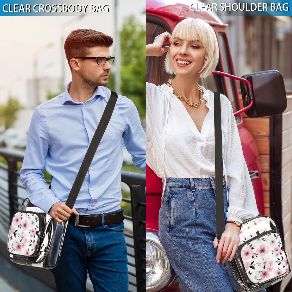 Clear PVC Crossbody Bag with Cherry Blossom Design - Stadium Approved Transparent Messenger Purse for Concerts, Sports Events & Work (9.84