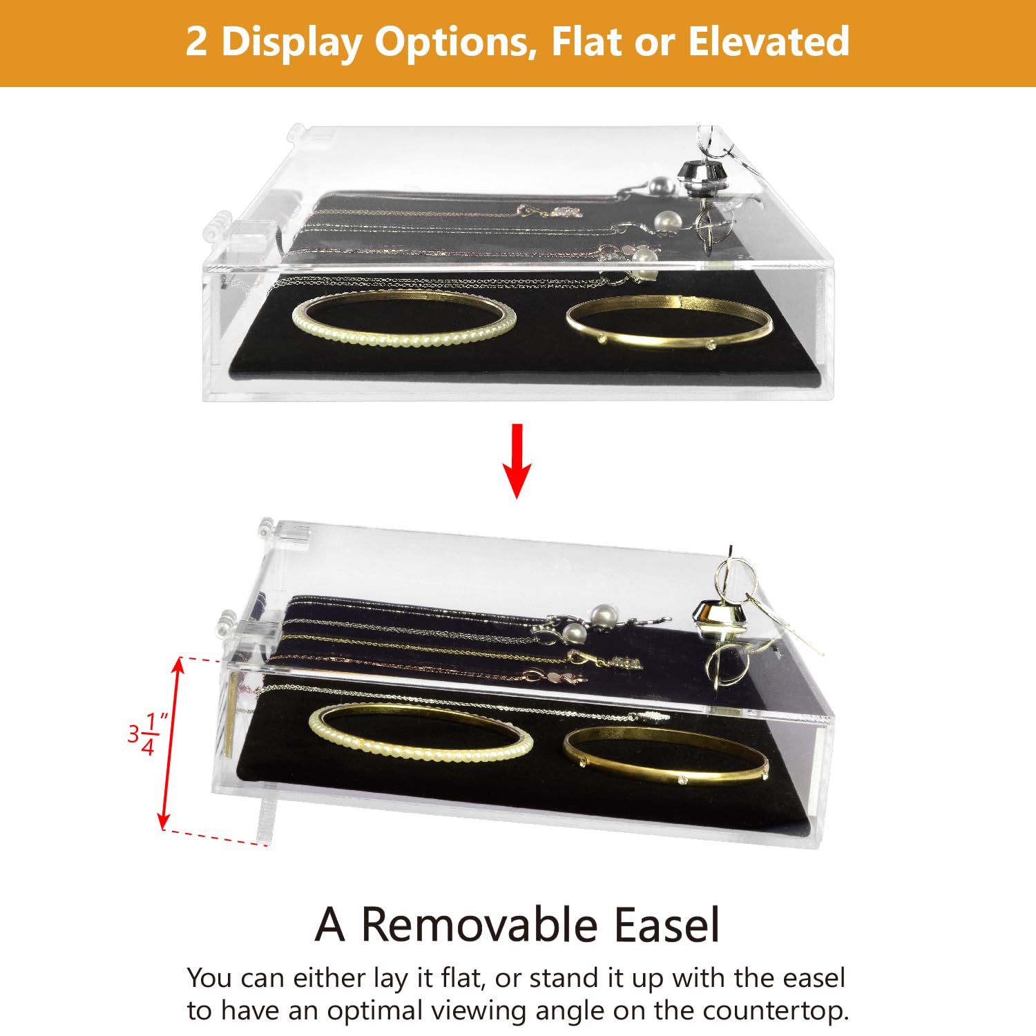 MOOCA Acrylic Rectangular Locking Security Display Case with Key & Black Padding - Perfect for Watches, Jewelry, Knives, Eyewear - Store, Showcase & Protect Your Valuables at Home or Retail Stores