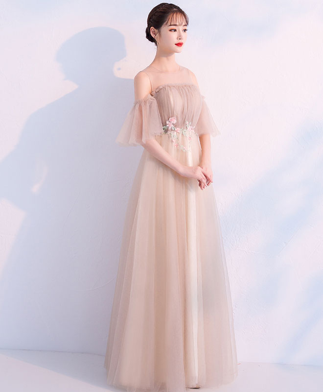 Elegant Champagne Round Neck Tulle Long Prom Dress | Formal Evening Gown for Women | Perfect for Prom, Homecoming, Wedding & Special Occasions