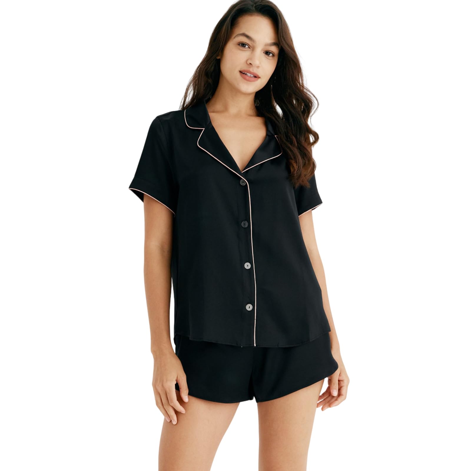 COLD POSH Women's 100% Pure Silk Pajama Set - Short Sleeve Sleepwear for Women - Soft & Breathable Nightwear for Summer, Lounge & Travel