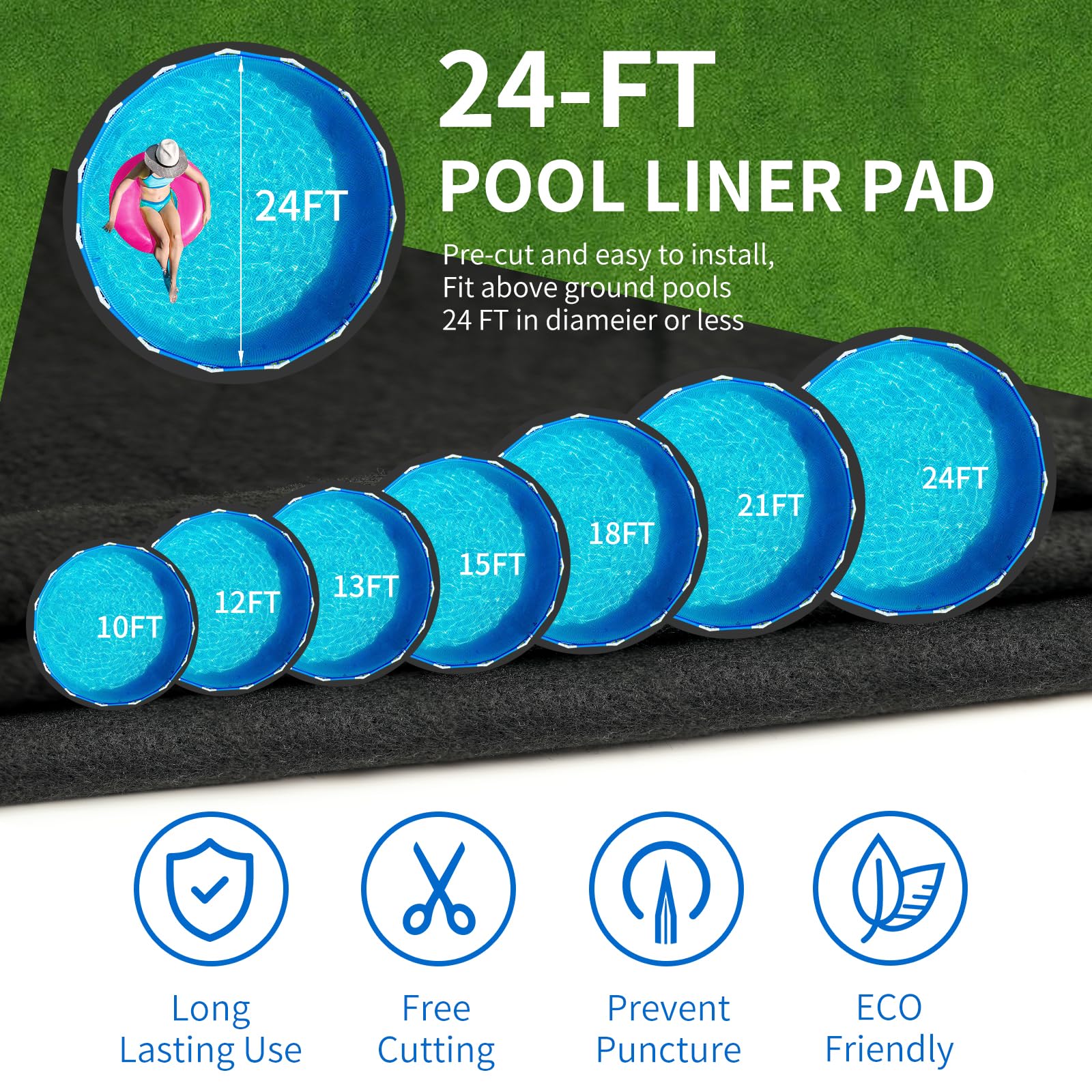 24 FT Round Pool Liner Pad for Above Ground Swimming Pools - Heavy Duty Seamless Underlayment, Puncture Resistant Geotextile Mat to Protect & Extend Pool Liner Life - Perfect for Backyard, Garden & Outdoor Swimming Pool Protection