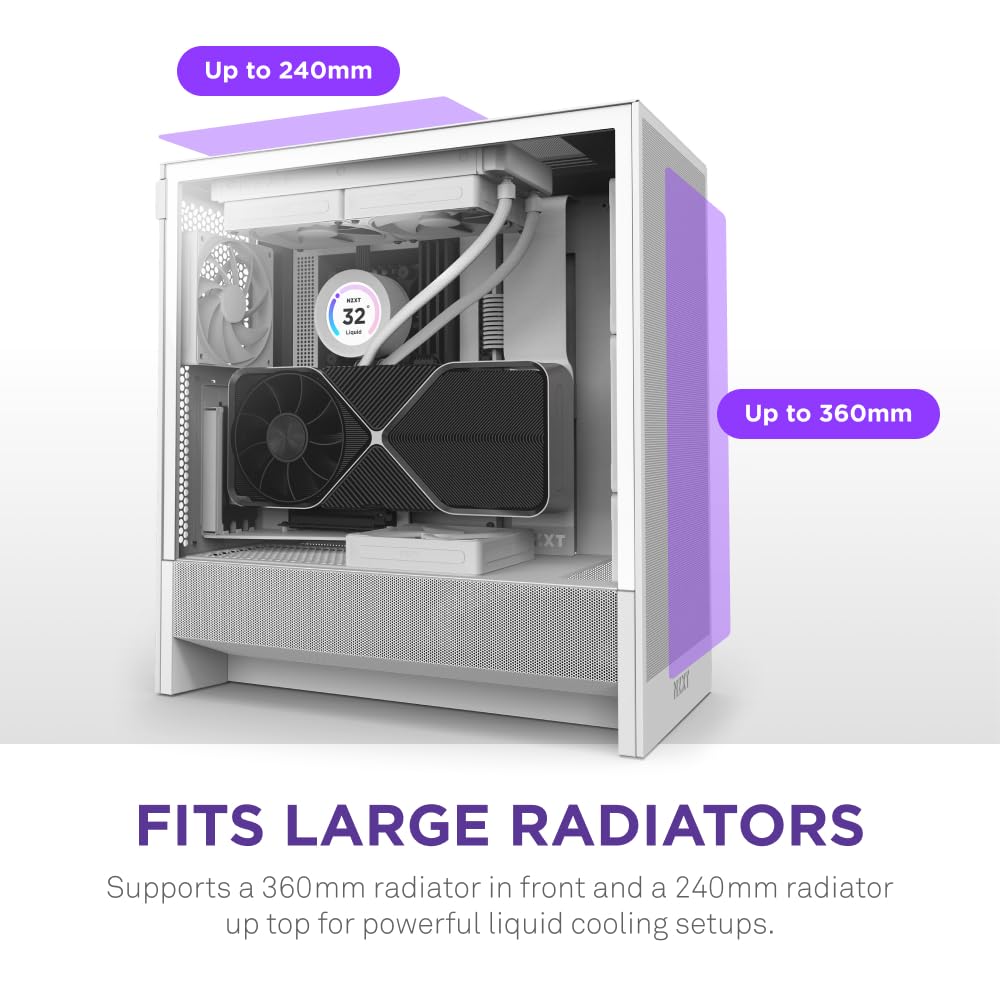 NZXT H5 Flow 2024 Compact ATX Mid-Tower PC Gaming Case - High Airflow Design with 2 x 120mm Fans - Supports 360mm Front & 240mm Top Radiators - Premium Cable Management & Tempered Glass Panel - Sleek White Finish - Perfect for Gaming Rigs, Streaming Setups & Workstation Builds