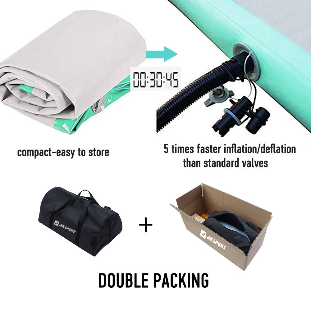 AKSPORT Inflatable Gymnastics Air Mat - Portable Tumble Track & Tumbling Mat with Air Pump for Home, Gym, Training, Cheerleading, Parkour - Perfect for Indoor Practice, Outdoor Beach & Park Activities, Water Play
