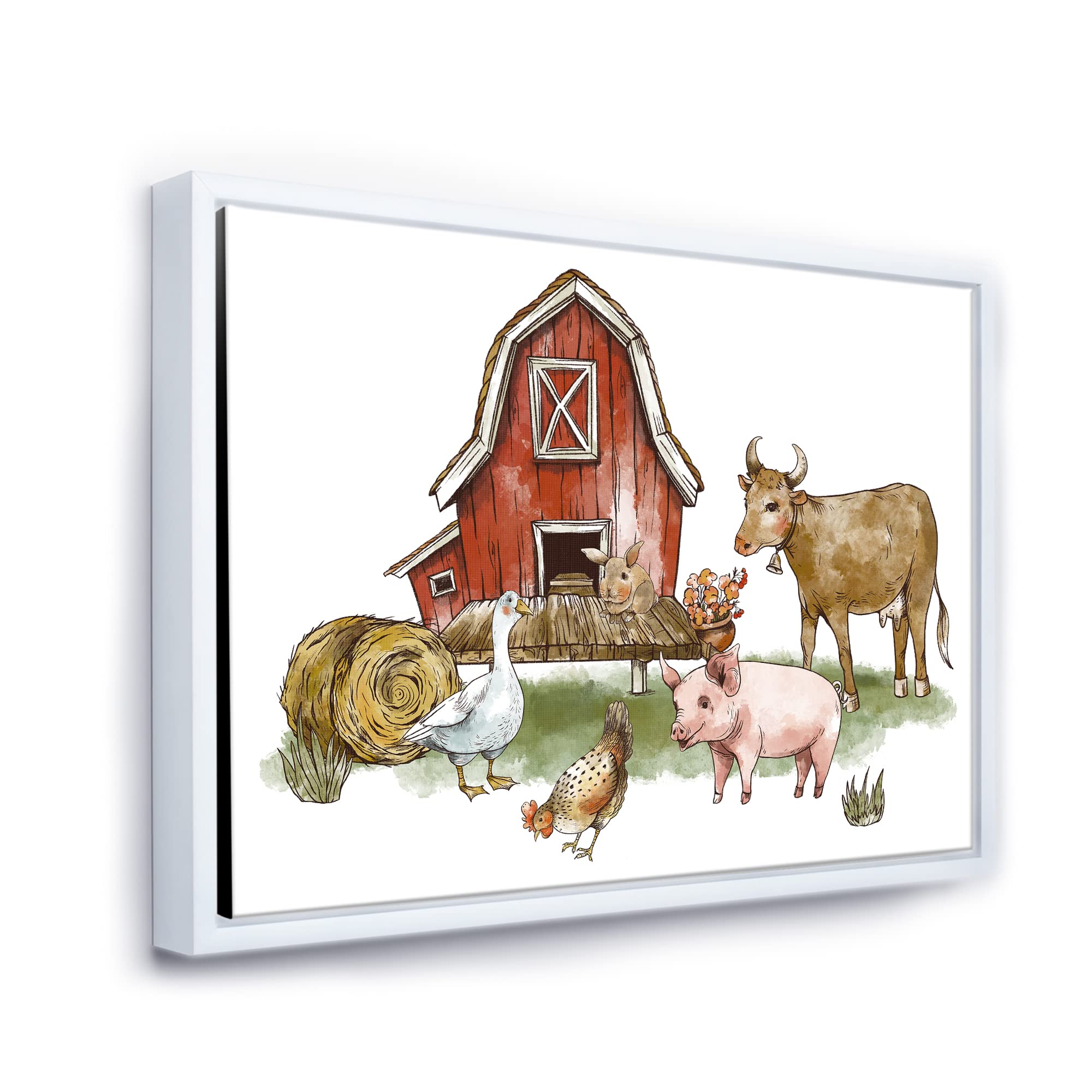 Farmhouse Animal Wall Art - Rustic Framed Canvas Print with Goose, Chicken, Cow, Pig & Haystack | Country Kitchen Decor, Living Room Wall Decor, Farmhouse Style Home Decor