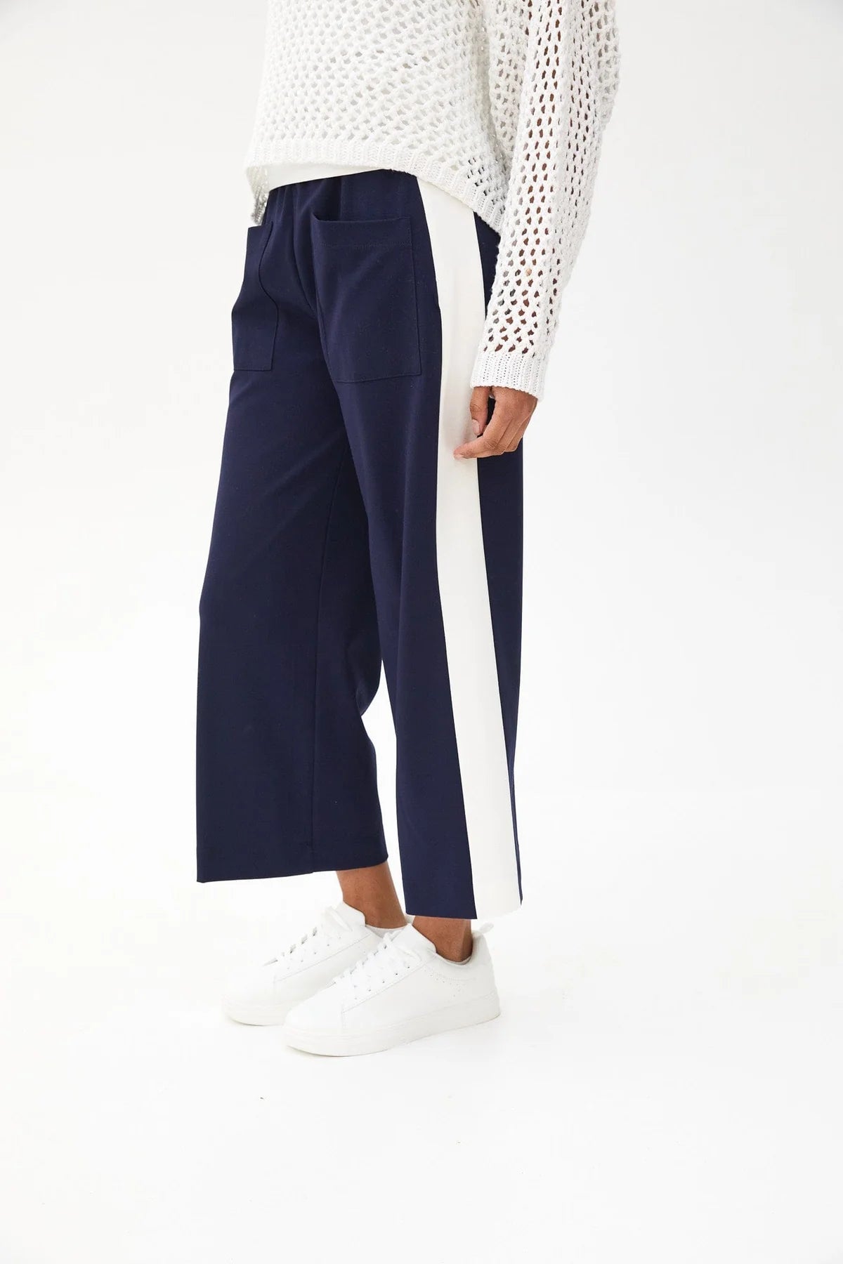 Navy Elastic Waist Crop Pants for Women - Comfortable High-Waisted Stretch Trousers for Work, Casual & Travel
