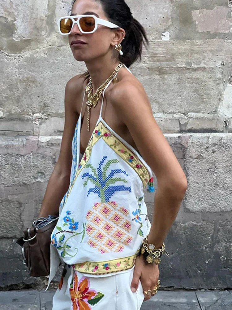Women's Fashion Beach Print Tank Top & Wide Leg Zipper Pants 2-Piece Set - Halter Backless Sleeveless Vest Outfit for Summer Vacations, Pool Parties & Tropical Getaways 2024