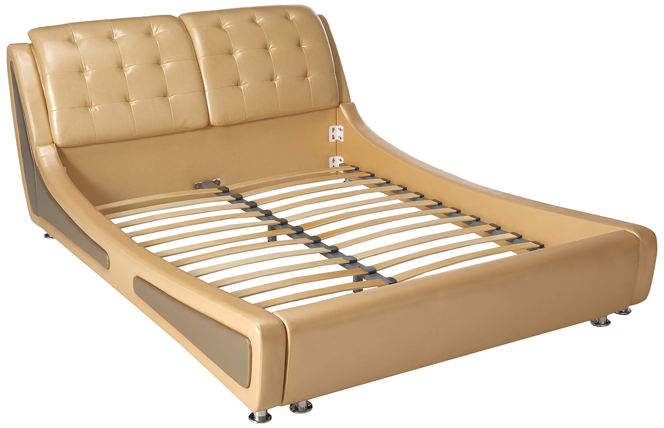Queen Size Platform Bed Frame with Storage - Pearl Gold & Gray Finish | Modern Bedroom Furniture for Small Spaces & Apartments