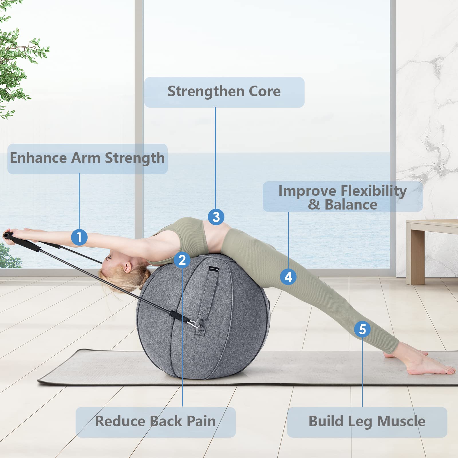 GYMAX 65cm Anti-Burst Yoga Ball with Felt Cover, Resistance Bands & Pump - Stability Exercise Ball for Pilates, Pregnancy, Physical Therapy & Office Sitting - Perfect for Home Gym, Postpartum Recovery & Workplace Ergonomics