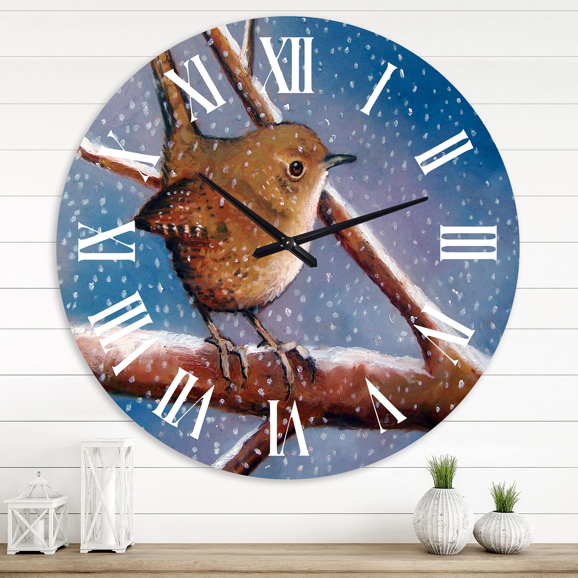 Farmhouse Wall Clock 'Wren in Winter' - Large Rustic Wooden Clock with Bird Design for Living Room, Bedroom & Kitchen Decor | Perfect Vintage Home Decoration Gift