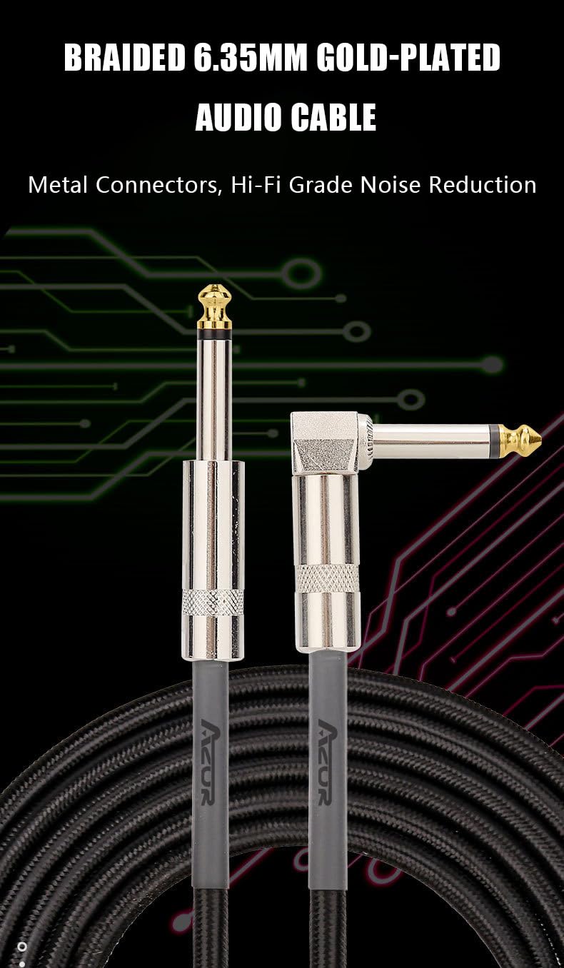 AZOR TS 1/4 Inch Guitar Cable 10ft - High Fidelity Electric Instrument Cord for Electric Guitar, Bass, and Amp - Right Angle to Straight Connector - Durable Black Audio Cable - Perfect for Live Performances, Studio Recording & Home Practice