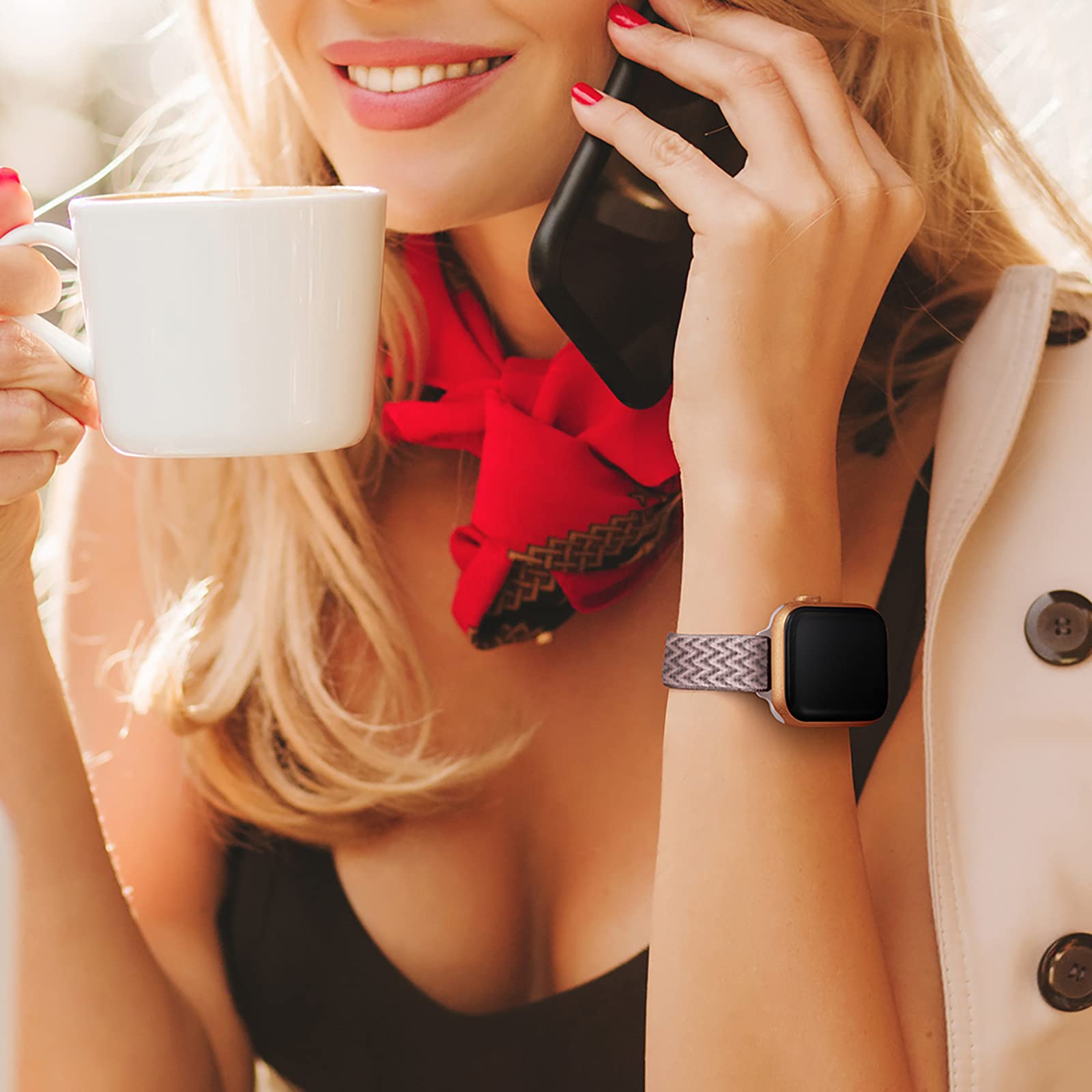 Slim Stretchy Nylon Apple Watch Band Compatible with 46mm/49mm/45mm/44mm/42mm - Women's Elastic Strap for iWatch Ultra 2/1, SE & Series 10/9/8/7/6/5/4/3/2/1 - Rose Pink & Rose Gold | Perfect for Workouts, Running & Everyday Wear