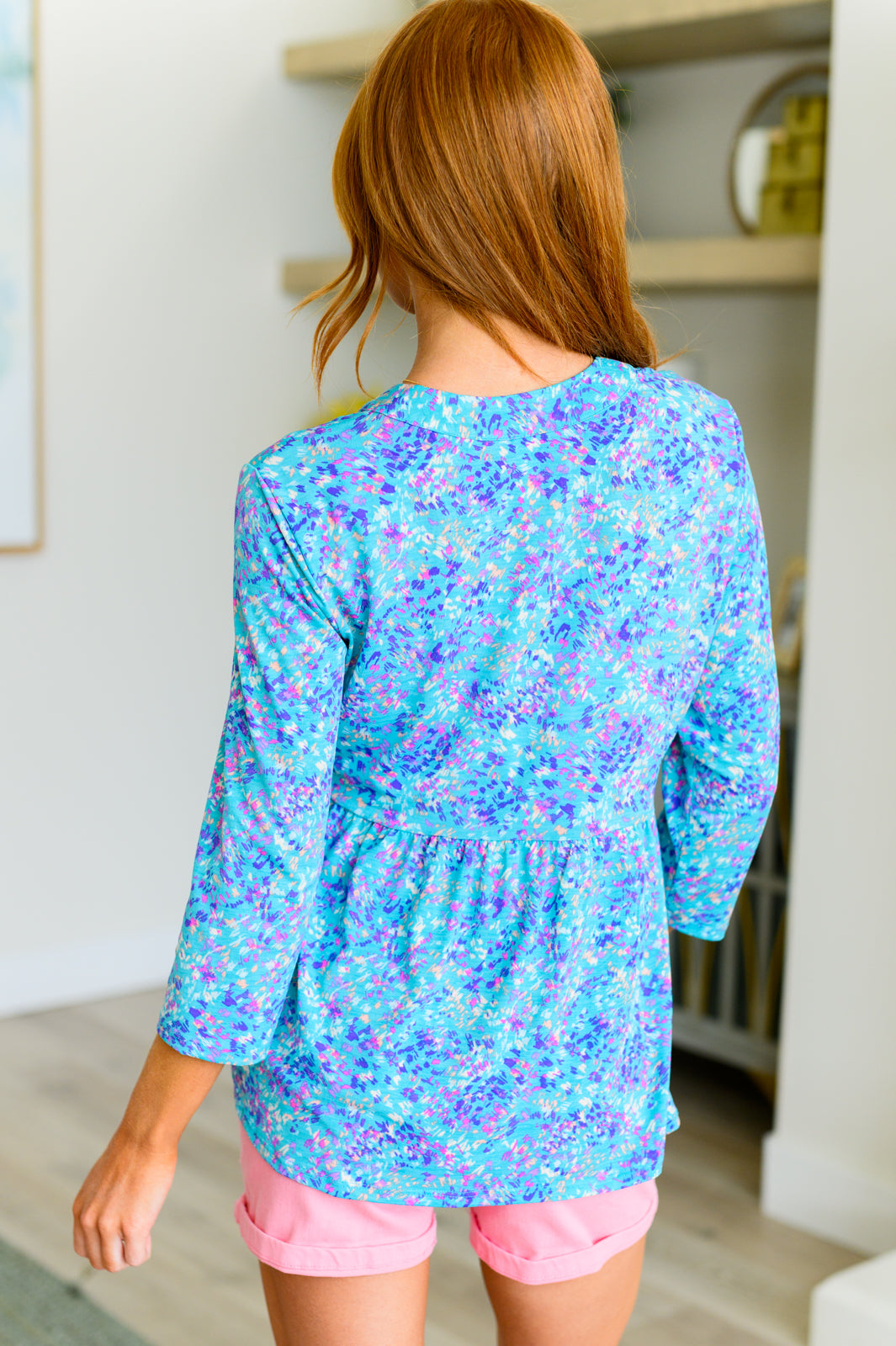 Lizzy Babydoll Top in Teal Brushstrokes - Floral Print Women's Casual Blouse for Date Night & Summer Outfits