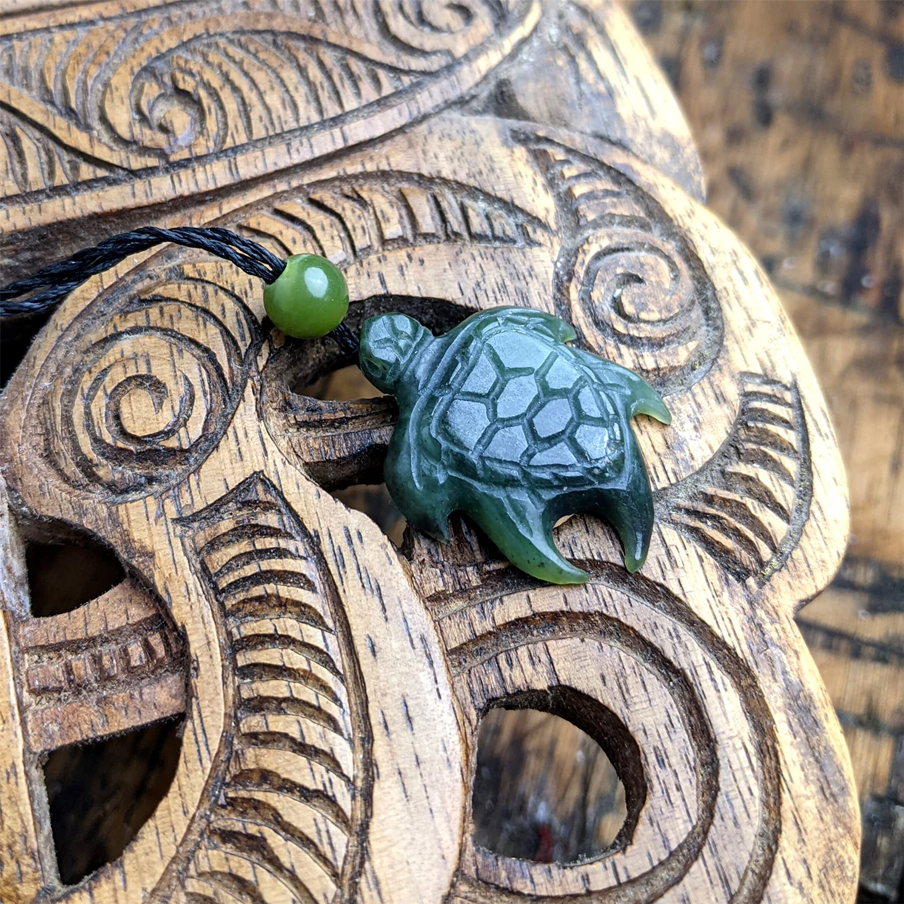 Hand Carved Nephrite Jade Turtle Tribal Pendant Necklace for Women & Men - Spiritual Jewelry Gift for Yoga, Meditation & Nature Lovers