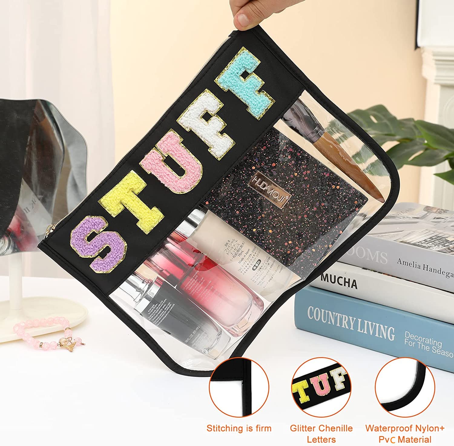 BCRMPT Chenille Letter Clear Flat Pouch - Waterproof PVC & Nylon Cosmetic Bag with Zipper for Women | Travel Makeup Organizer, Gym Essentials Storage, Beach Accessories (Black)