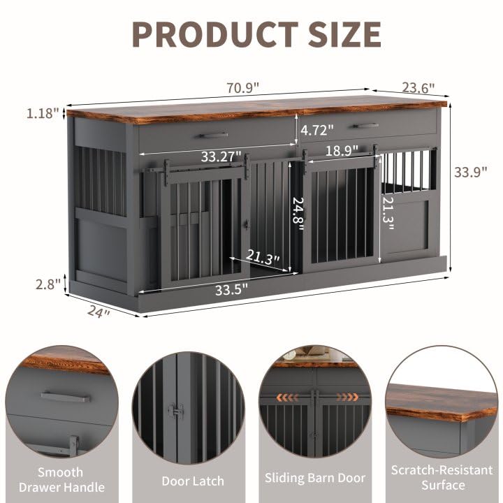 71 Inch XXL Heavy Duty Dog Crate Furniture for 2 Dogs - Decorative Indoor Kennel with Removable Divider, 2 Storage Drawers & Sliding Doors - Black | Perfect for Large Breed Homes, Living Room Pet Furniture & Multi-Dog Households