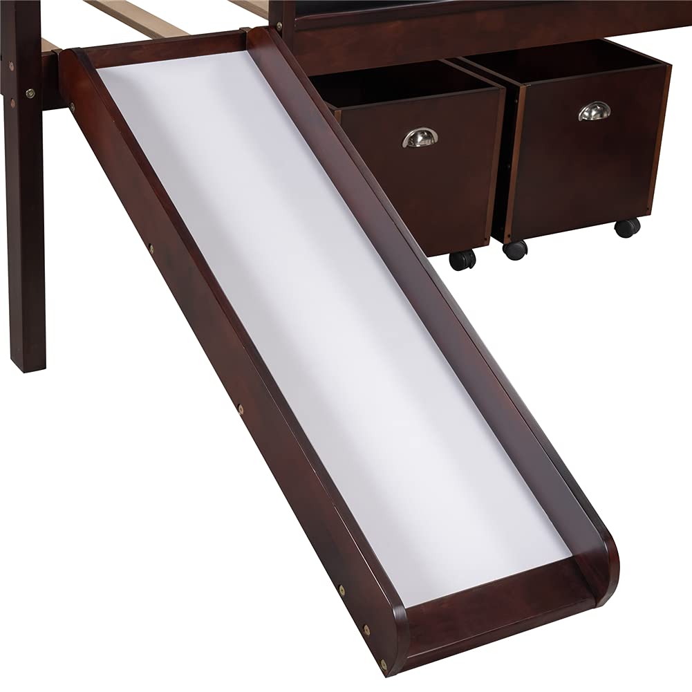 Pinewood Low Loft Twin Bed with Slide, Chalkboard & Climbing Frame - Kids & Teens Fun Furniture with Guardrails & Under-Bed Storage (Espresso) - Perfect for Small Bedrooms, Playrooms & Dorm Rooms