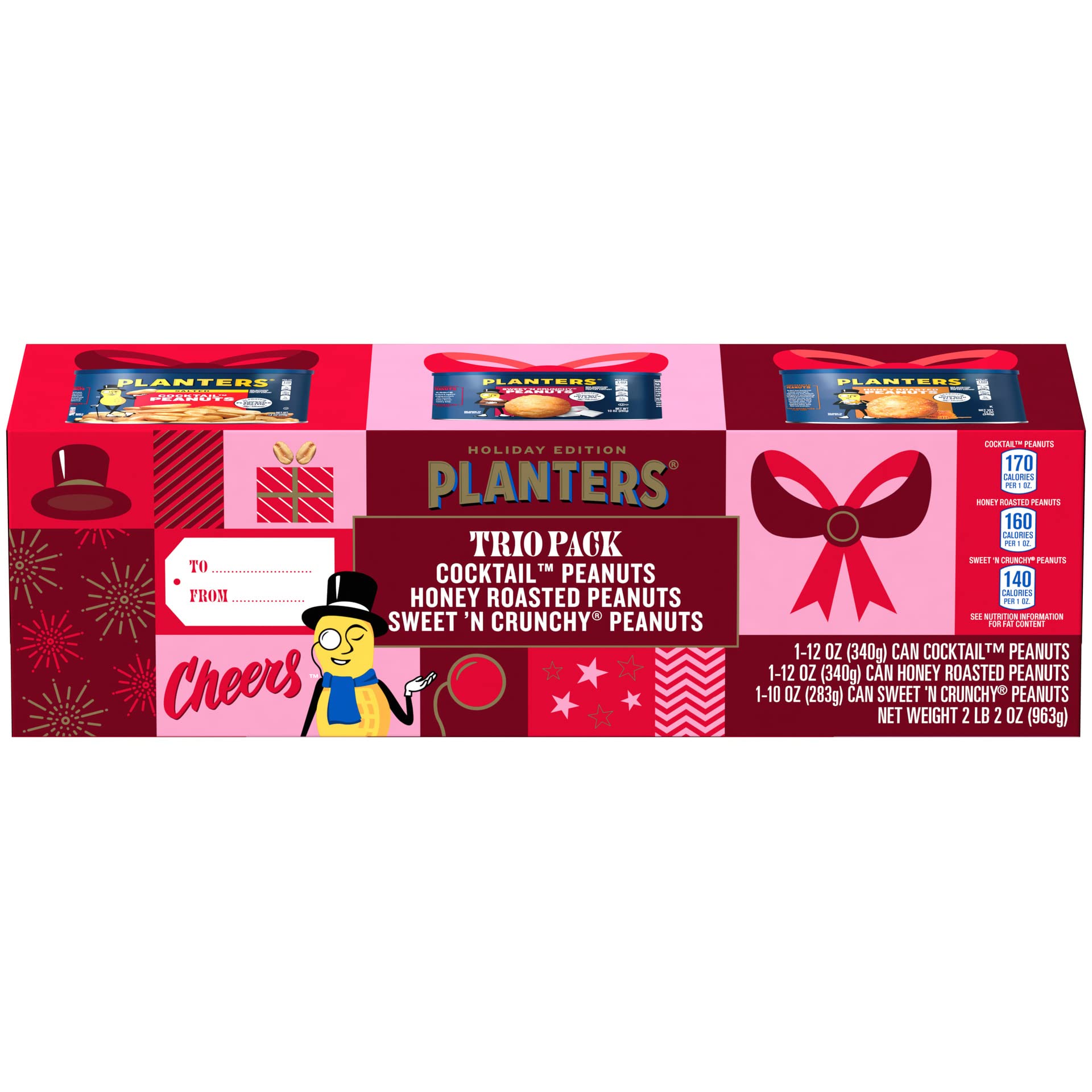 PLANTERS Peanuts Holiday Trio Pack - Sweet n Crunchy, Honey Roasted & Cocktail Peanuts Variety Snack Pack (3 Canisters) - Perfect for Office Snacks, Party Favors & Holiday Gifting