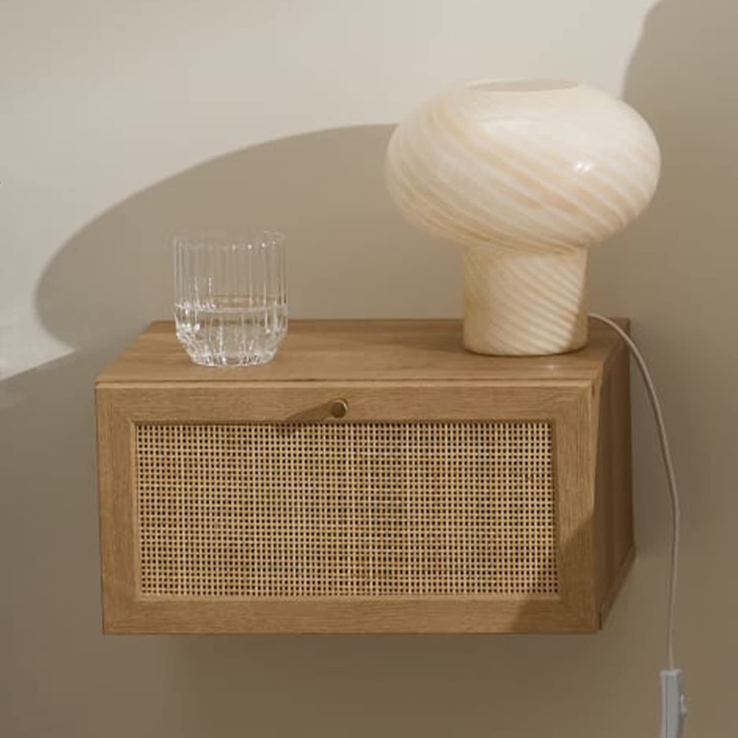 Mopio Hannah Floating Nightstand Set of 2 - Natural Rattan Farmhouse Boho Wall Mounted Bedside Table with Drawer & Spacious Storage - Perfect for Small Bedrooms, Living Rooms & Studio Apartments