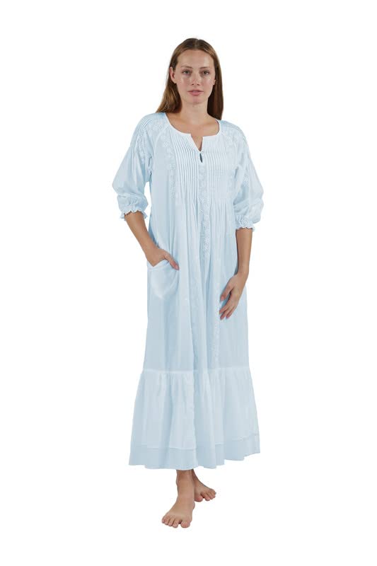 LA CERA Women's 100% Cotton Nightgown with 3/4 Sleeves, Pleated Yoke & Elastic Cuffs - Soft & Breathable Sleepwear for Women - Machine Washable - Perfect for Relaxing at Home or Overnight Stays