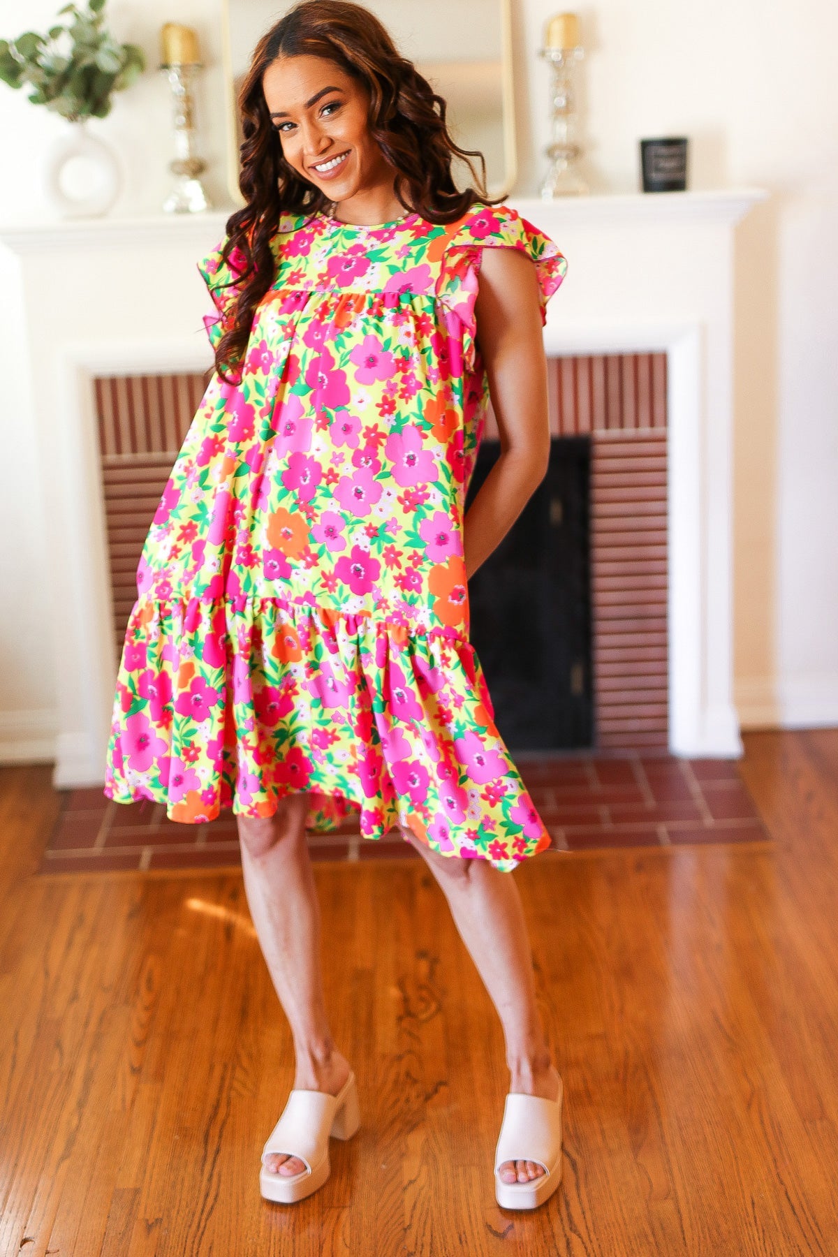 Be Charming Lime & Pink Floral Print Tiered Ruffle Sleeve Dress - Women's Summer Party Dress for Weddings, Garden Parties & Date Nights