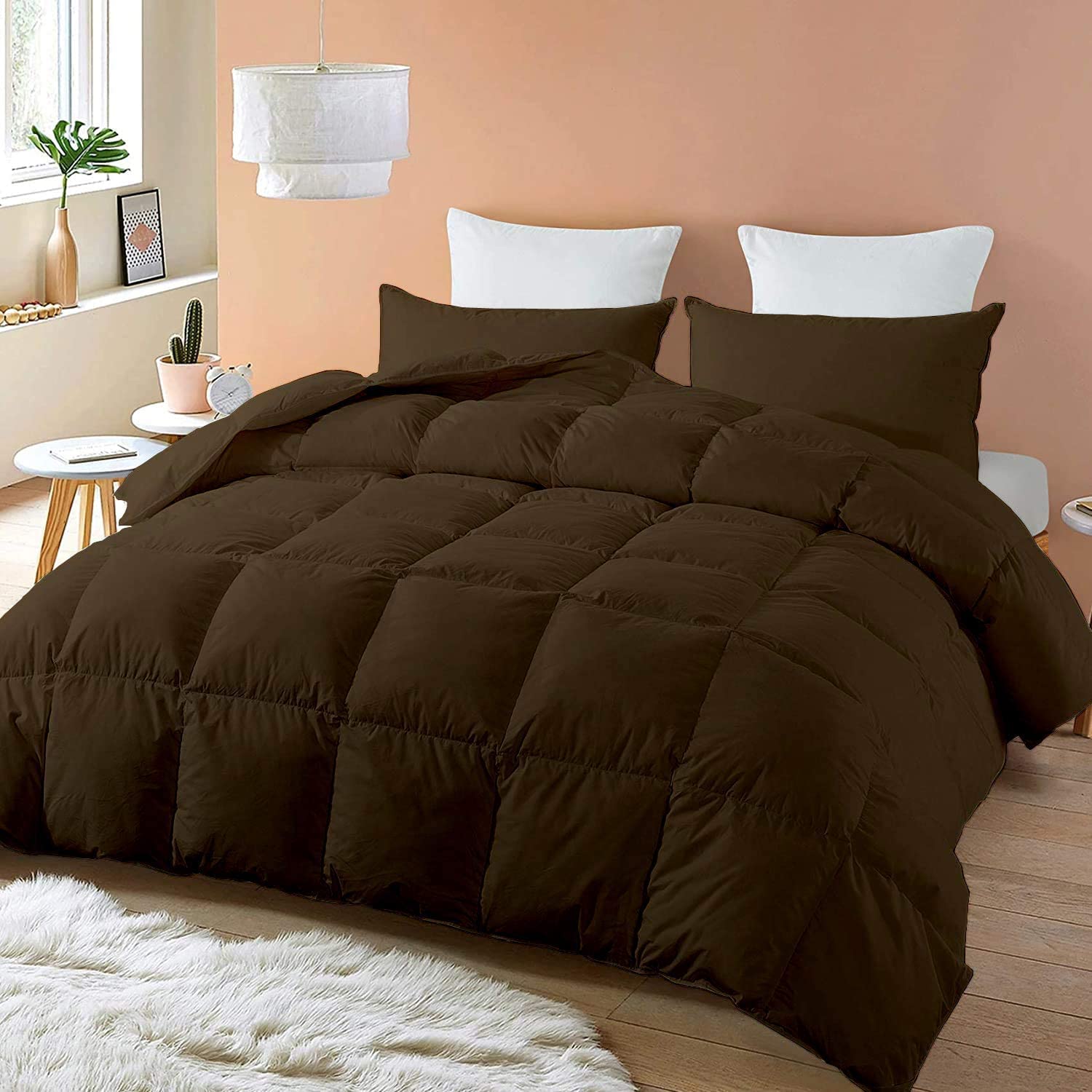 Luxury Oversized Queen Size Hotel Quality Ultra Soft Organic Cotton All-Season Quilted Comforter with Corner Tabs - Box Stitched Down Alternative 400 GSM 800 Thread Count - Perfect for Bedroom, Guest Room & Airbnb - Brown