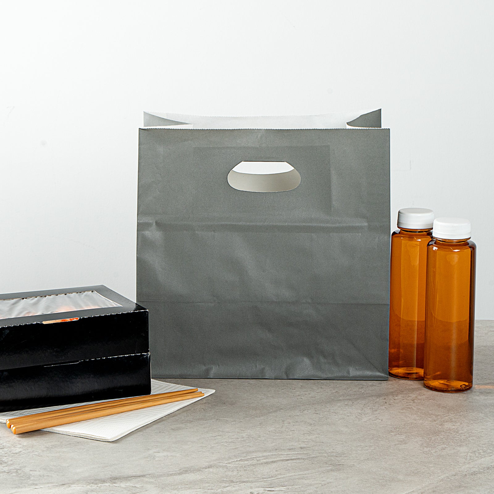 Premium Rectangle Gray Paper Take Out Bags with Handles - 11