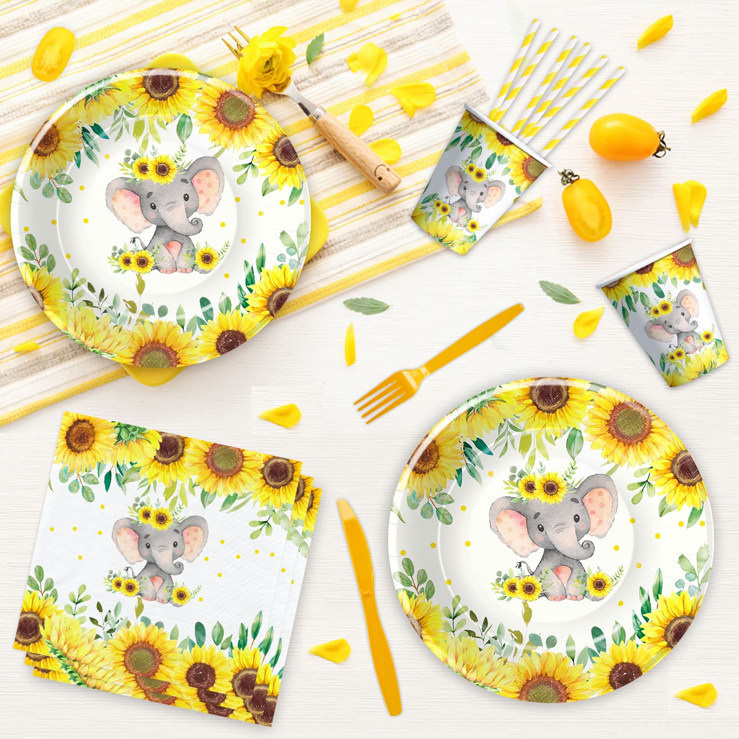 Xigejob Elephant Baby Shower Party Supplies Set - 24-Piece Tableware Kit with Plates, Cups, Napkins, Tablecloth, Cutlery & Straws | Perfect for Elephant-Themed Baby Showers, Birthday Parties & Nursery Decorations