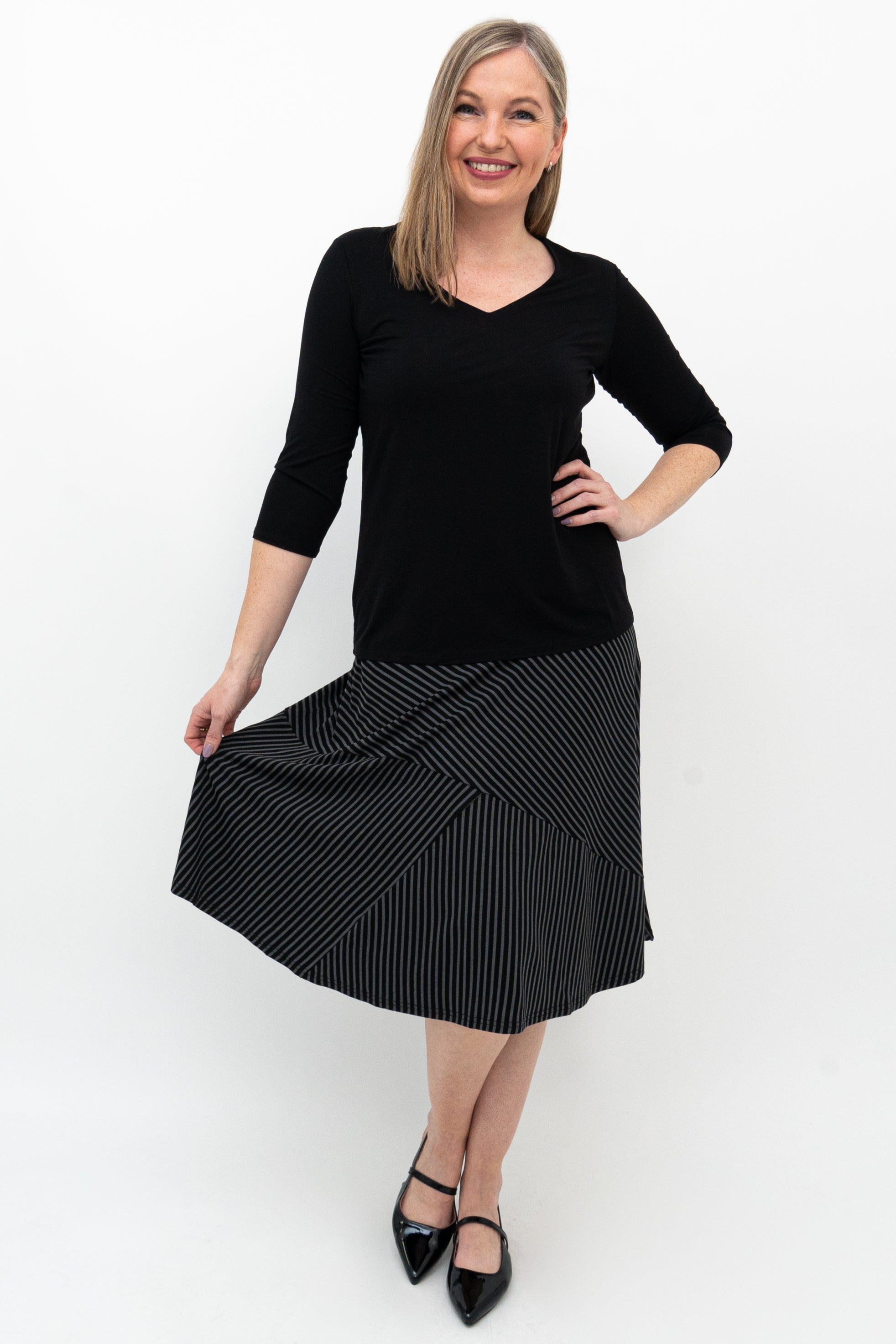 Lillian Skirt - Black & Grey Striped Bamboo Fabric Women's Midi Skirt | Comfortable & Eco-Friendly | Perfect for Office, Date Night & Summer Outfits